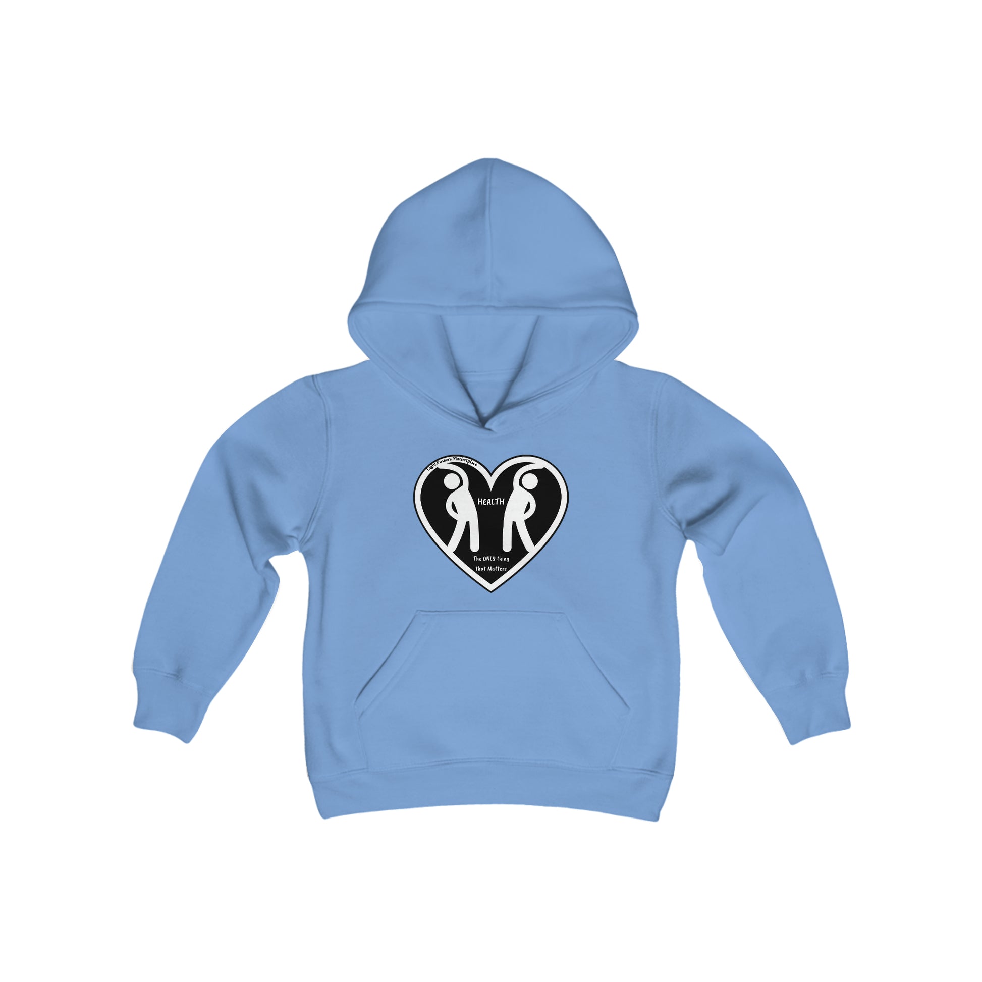 A blue hoodie featuring a heart and two figures, made of soft, preshrunk fleece. 50% cotton, 50% polyester blend with kangaroo pocket and reinforced neck.