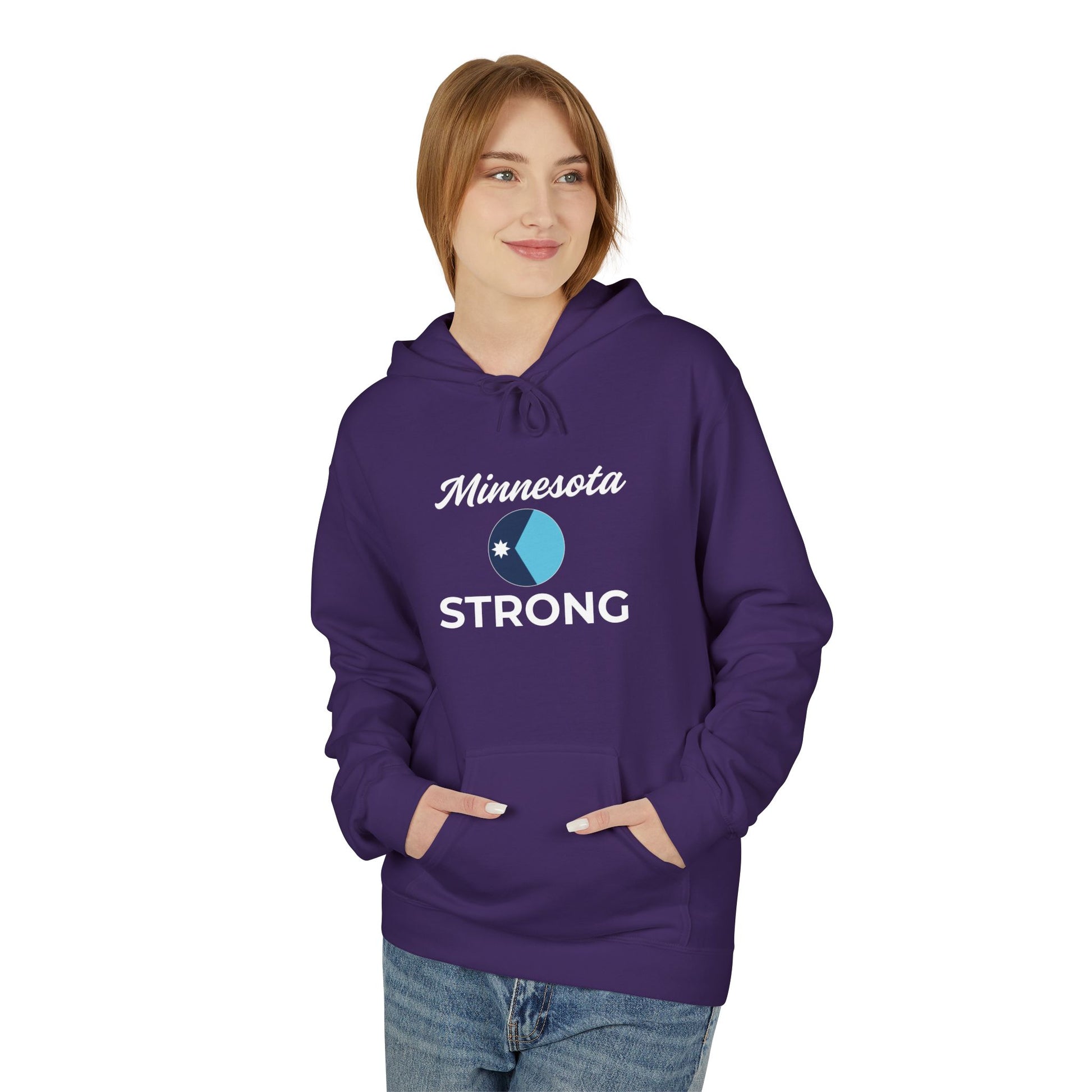 Young person wearing a purple Minnesota Strong hoodie with front pocket and drawstrings, embodying community spirit and comfort from Light Passers Marketplace.