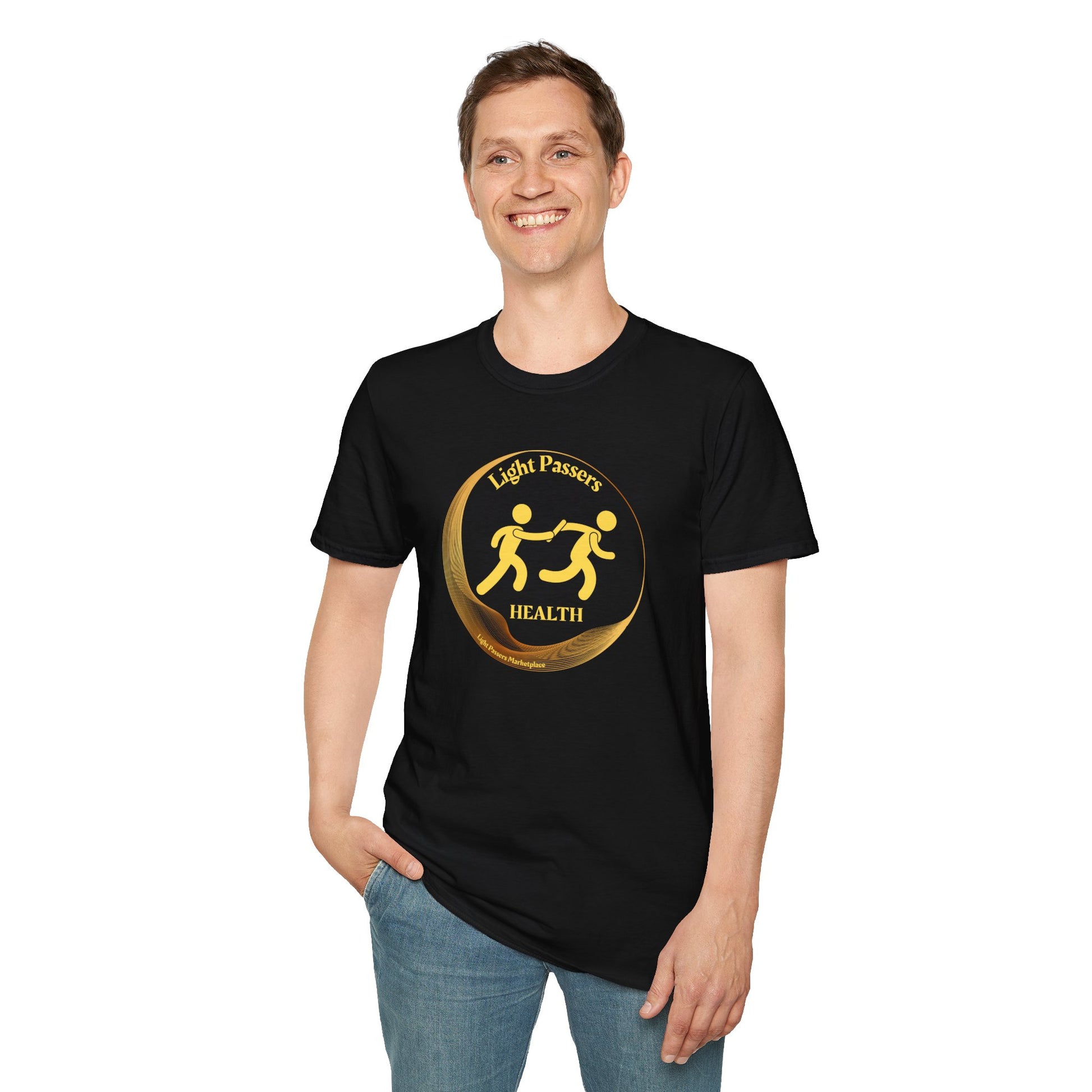 A man smiles in a black shirt with a yellow logo, showcasing the Light Passers Relay Health Logo Unisex T-Shirt. Made of soft 100% cotton, featuring twill tape shoulders for durability and a ribbed collar.