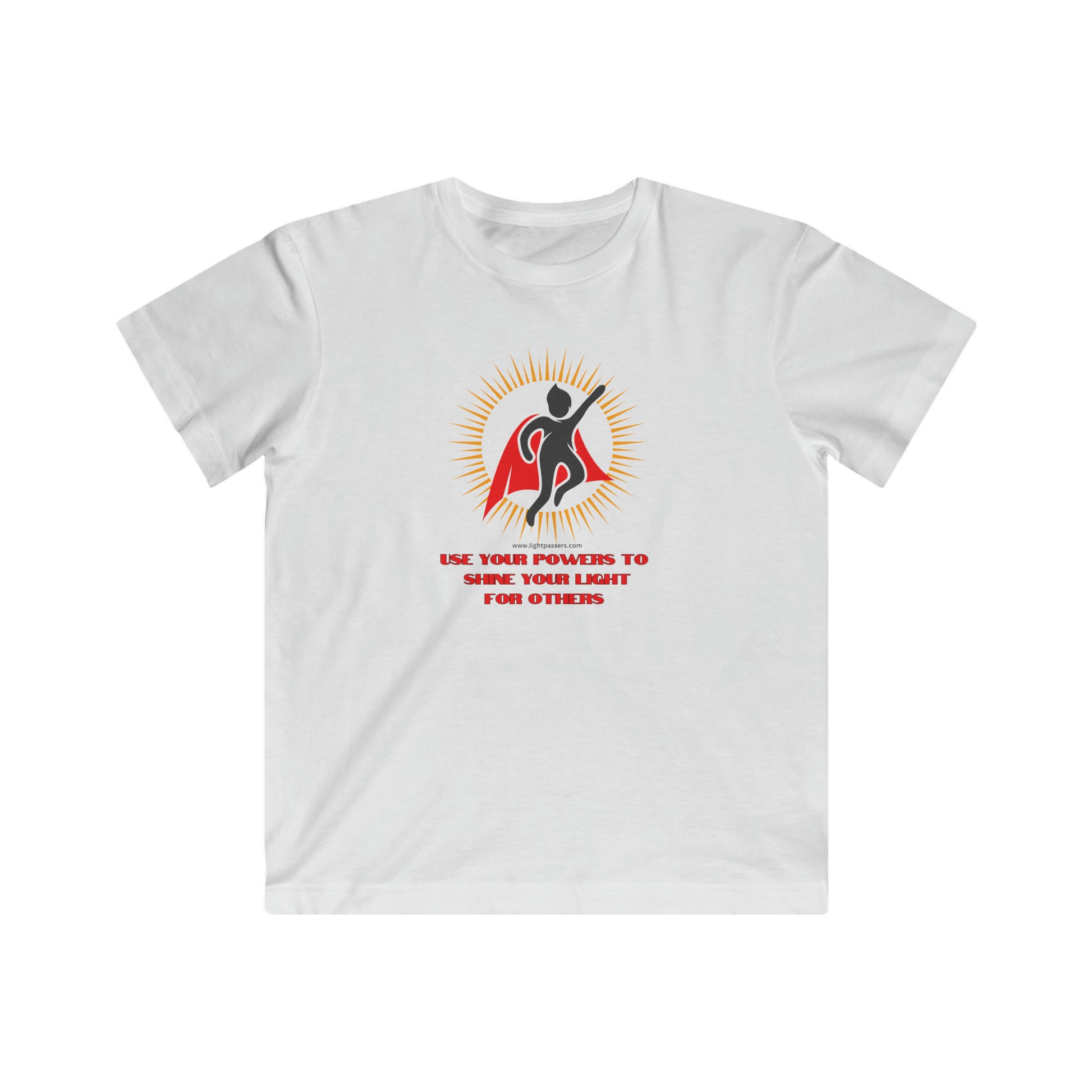 A white youth t-shirt featuring a superhero logo and a person in a cape. Made of soft cotton, with high-quality print and tear-away label. Use Your Powers Youth T-shirt.