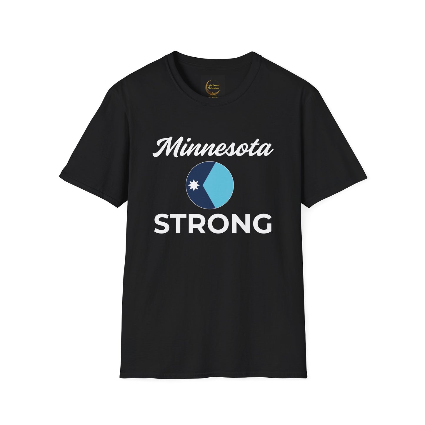 Love and Peace The Light Adult Unisex Minnesota Strong T-Shirt with “Minnesota” script and blue emblem, symbolizing unity and civic responsibility.