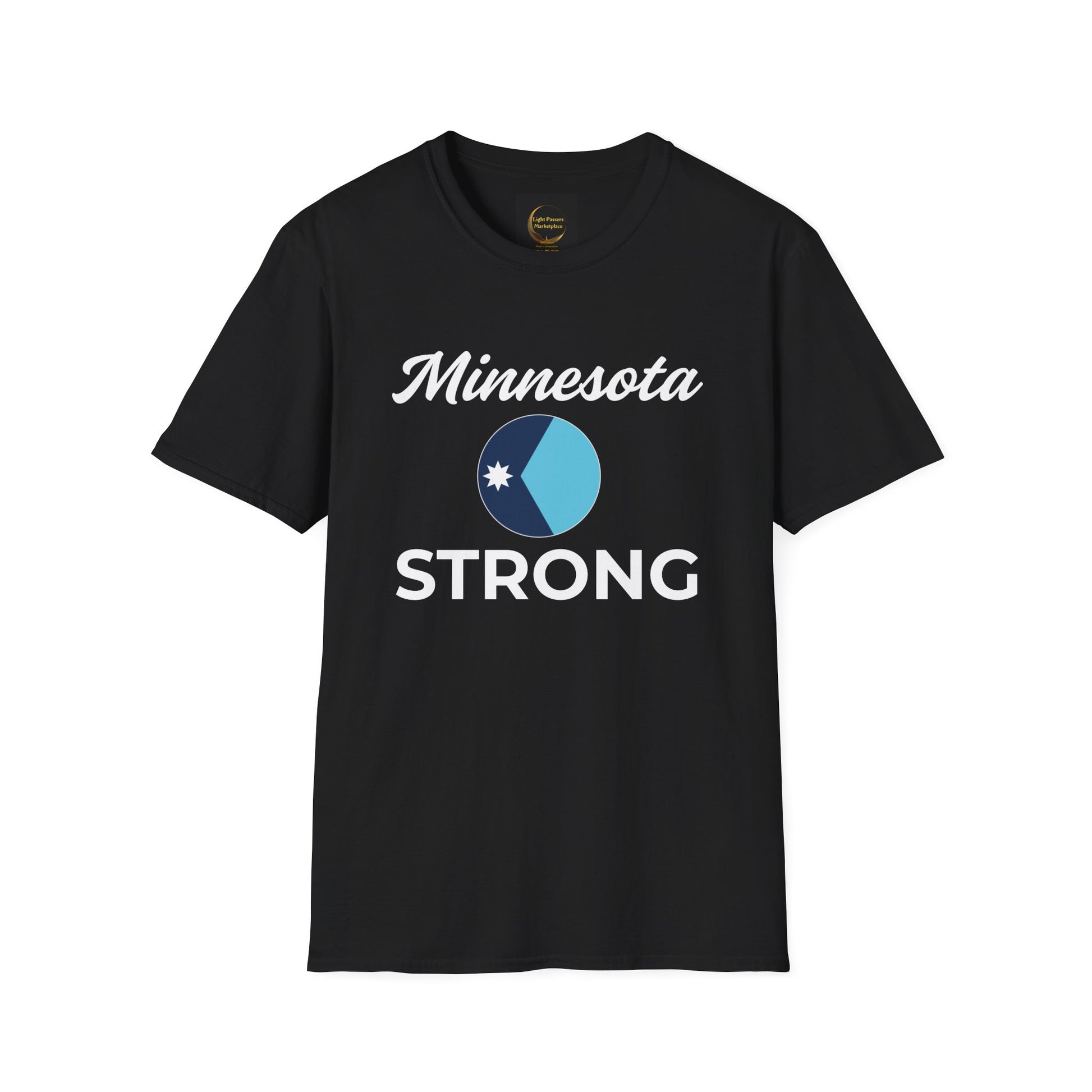 Love and Peace The Light Adult Unisex Minnesota Strong T-Shirt with “Minnesota” script and blue emblem, symbolizing unity and civic responsibility.