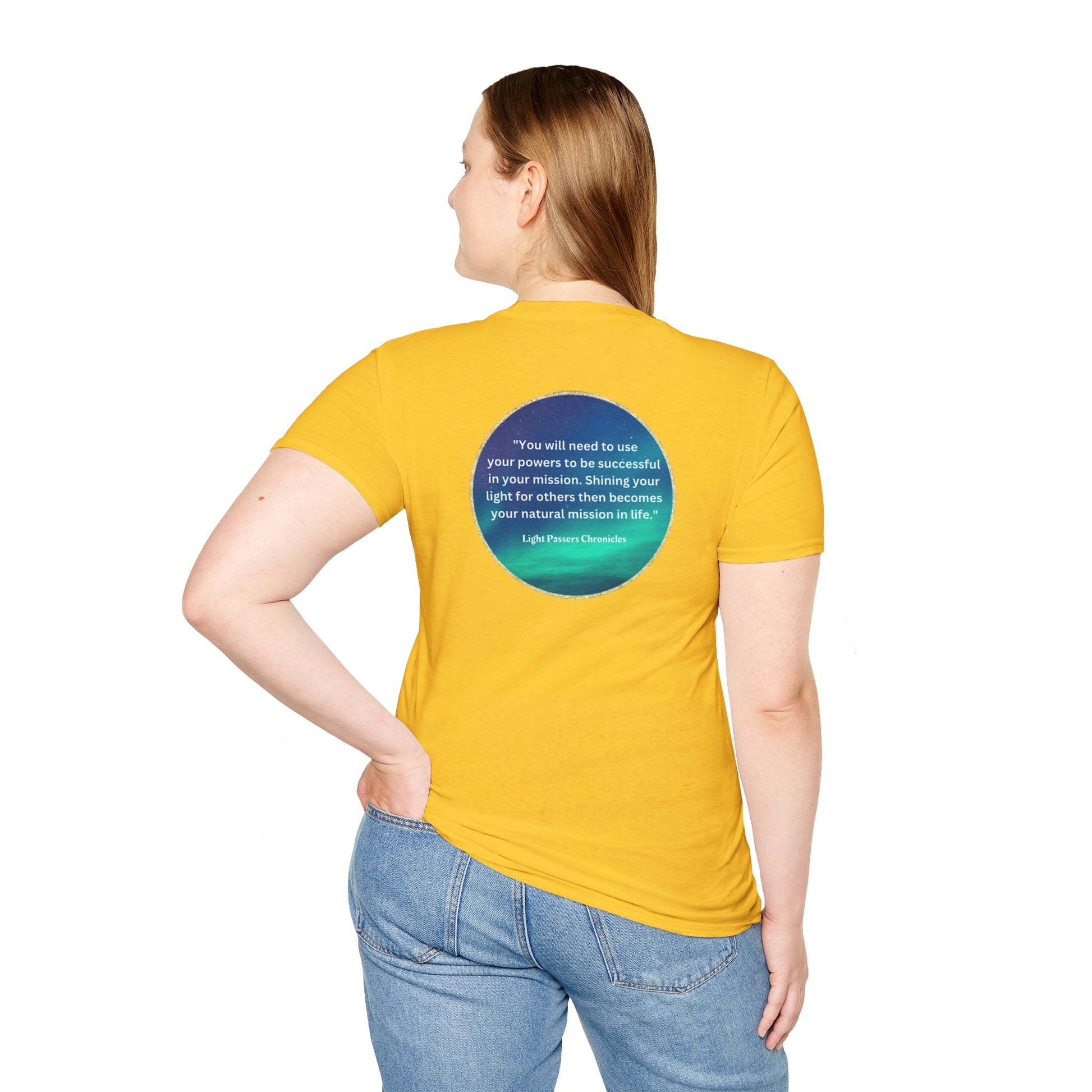 Unisex heavy cotton tee with a turquoise circle design on the back. Smooth surface for vivid printing, no side seams, tape on shoulders for durability. Classic fit, 100% cotton.