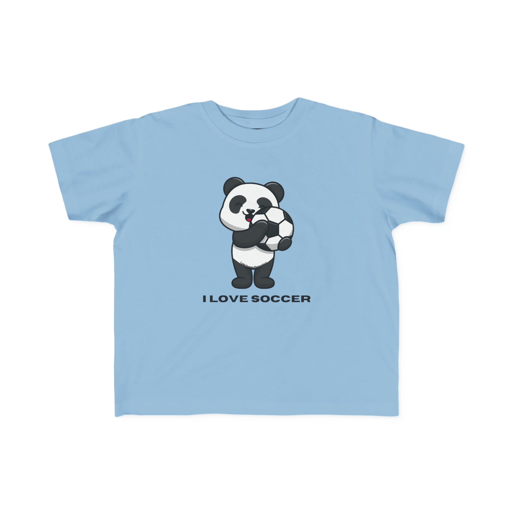 A toddler's tee featuring a cartoon panda holding a football ball, ideal for sensitive skin. Made of 100% combed cotton, light fabric, with a durable print.