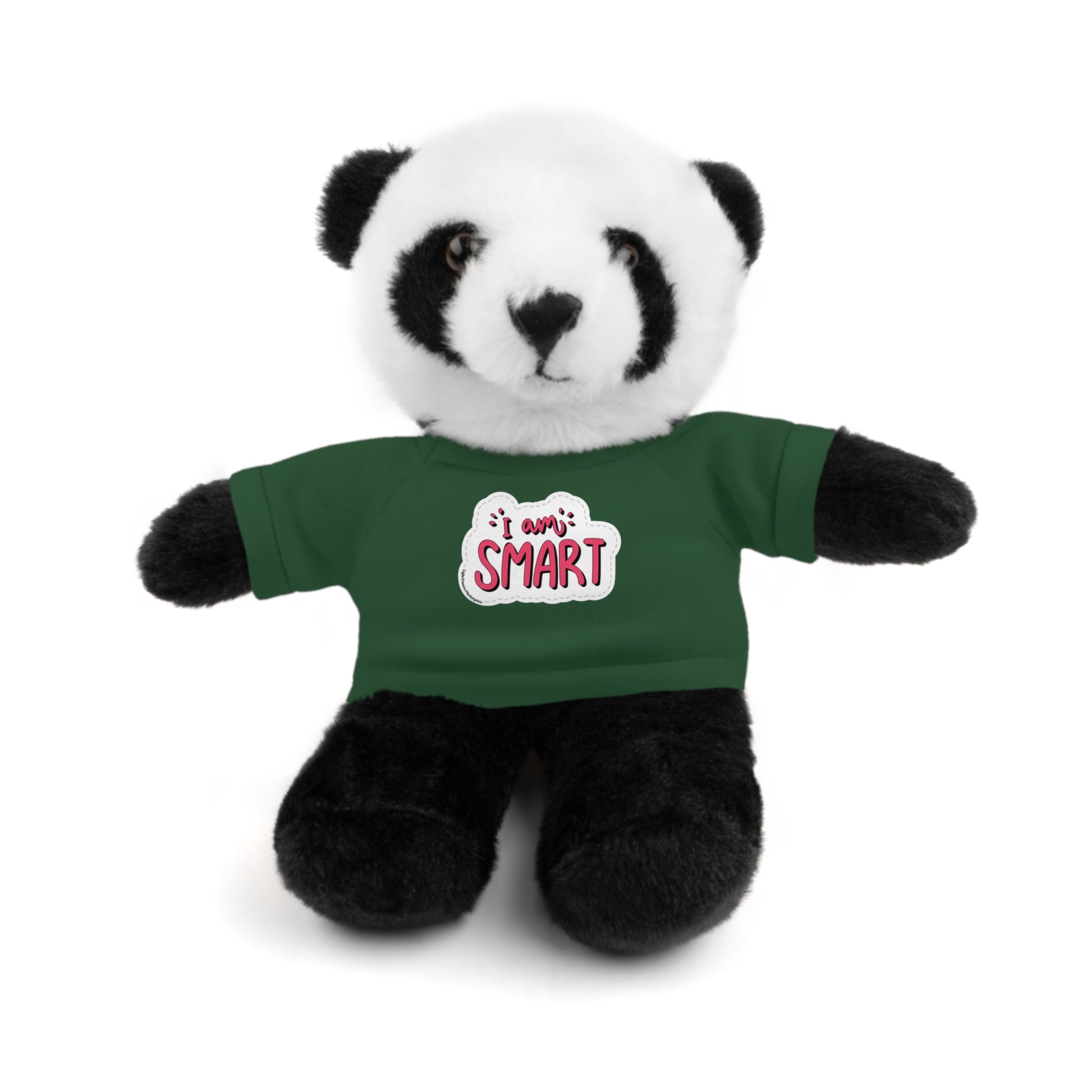 Stuffed panda wearing a green 'I am Smart' shirt, part of Cool Stuff Stuffies collection featuring 6 animals with educational messages.