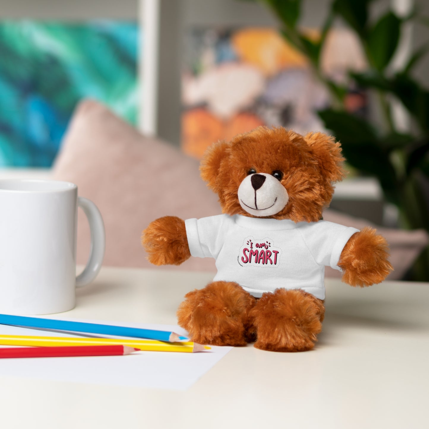 Cool Stuff Stuffies: Plush Bear, Sheep, Bunny, Jaguar, Panda, and Lion with 'I am Smart' T-shirts, 8 tall, educational and cuddly for kids.