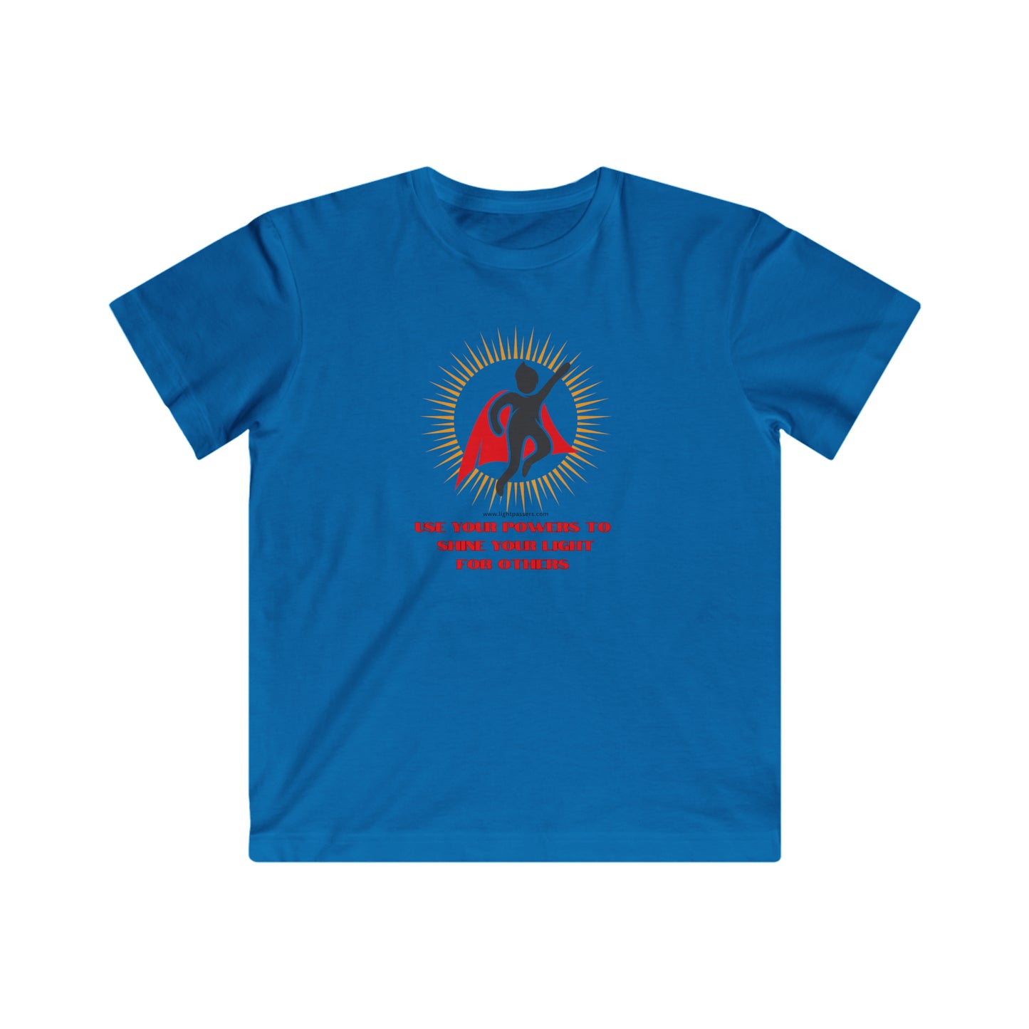 A blue youth t-shirt featuring a logo, a person in a cape, and a flying figure. Made of soft cotton, with a high-quality print, regular fit, and tear-away label.