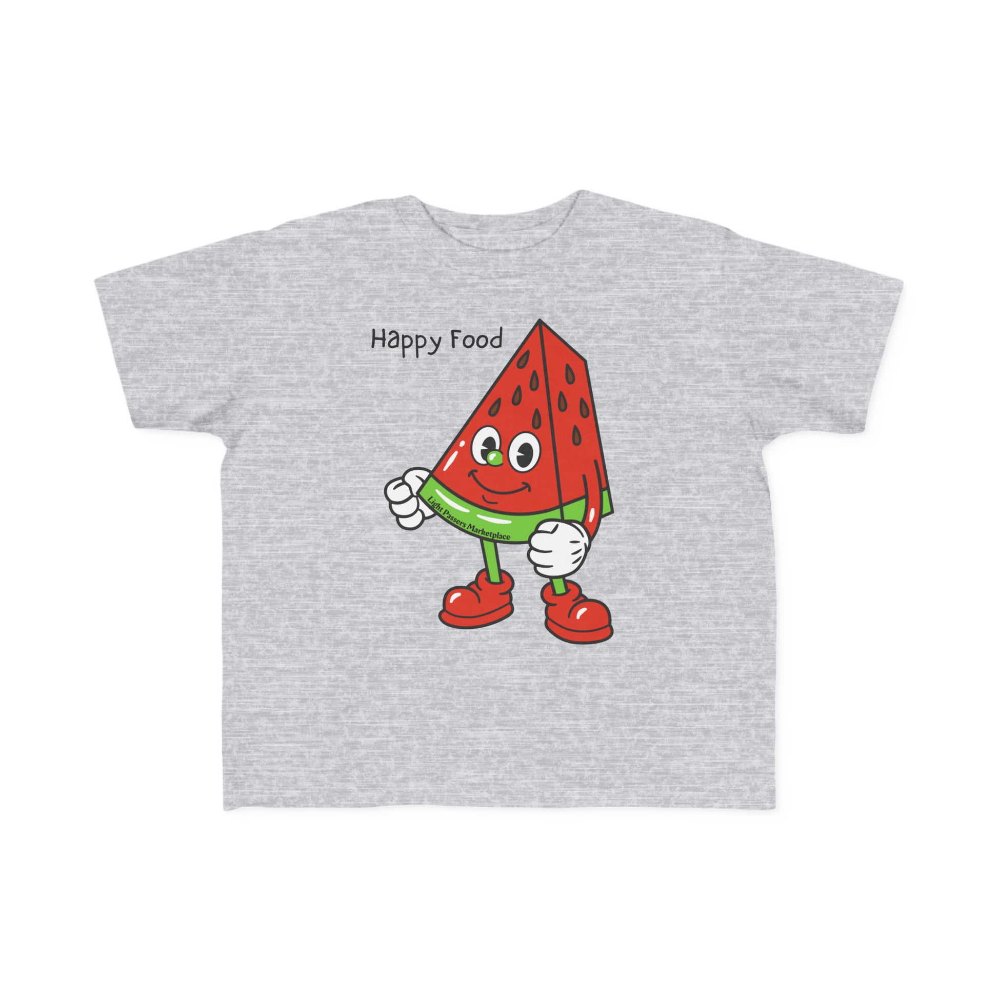 Happy Food Watermelon Toddler T-shirt featuring a cartoon watermelon design on soft, durable cotton. Ideal for sensitive skin, with a tear-away label and a classic fit.