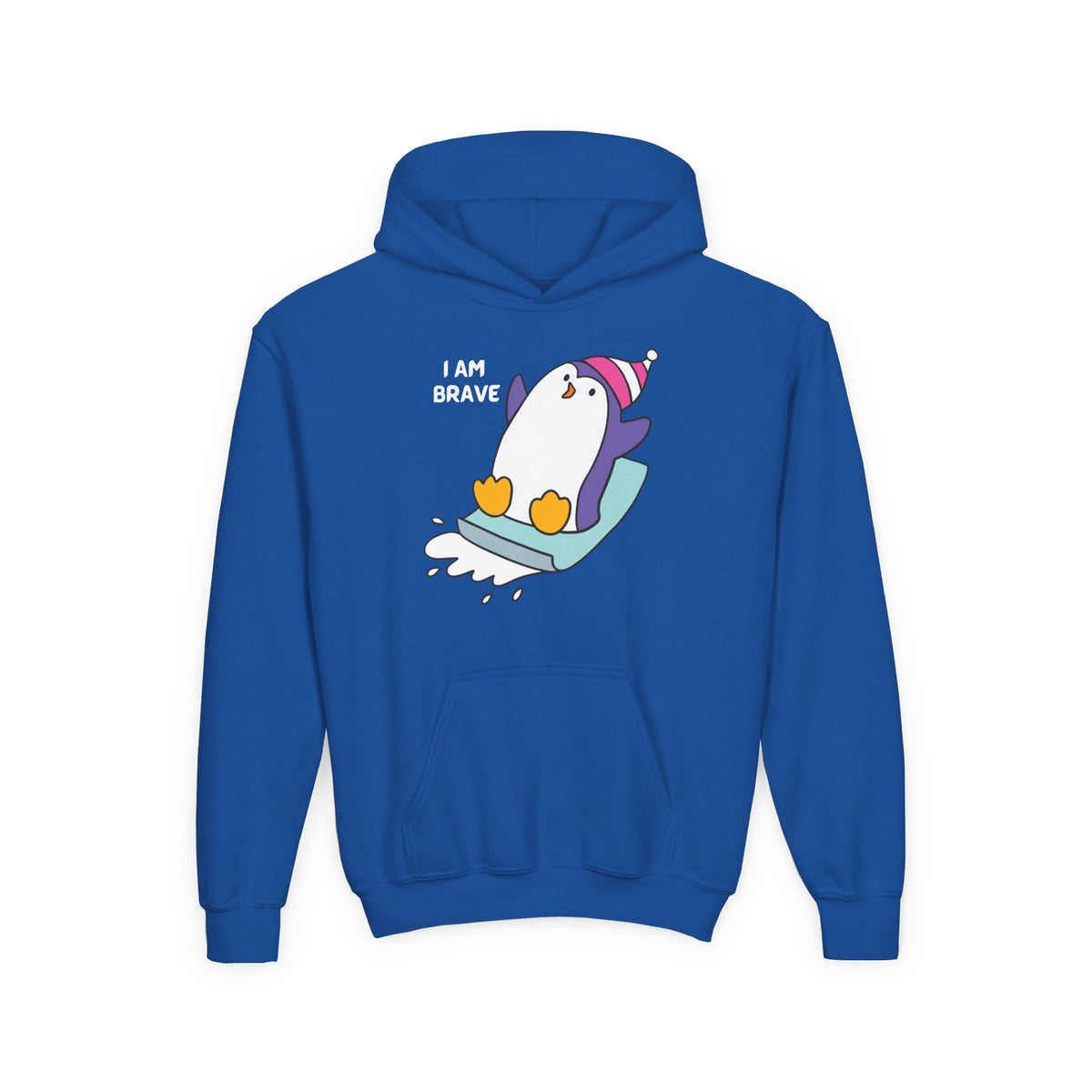 Brave Penguin Youth Hoodie – Cute Sledding Penguin "I Am Brave" Kids Sweatshirt