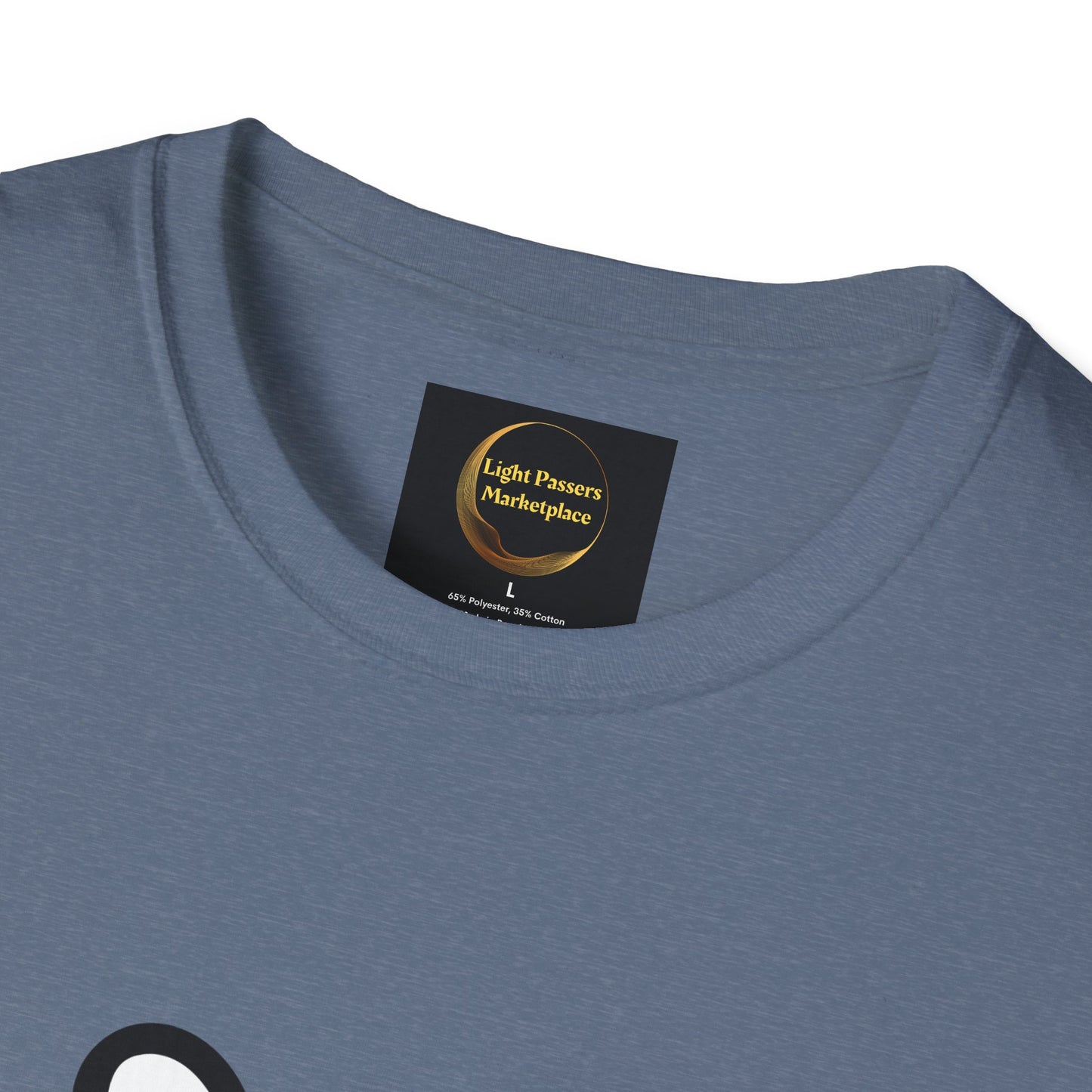 Close-up of the Soccer Dog Unisex T-Shirt neckline, showcasing the Light Passers Marketplace label, size L, and heathered blue polyester-cotton blend fabric.