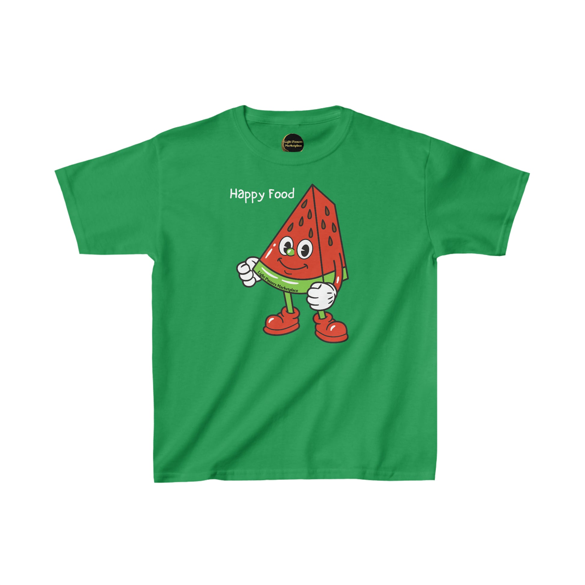 Youth T-shirt featuring a cartoon watermelon character on a green shirt. Made of 100% cotton with twill tape shoulders for durability. Ethically sourced and curl-resistant collar for comfort.