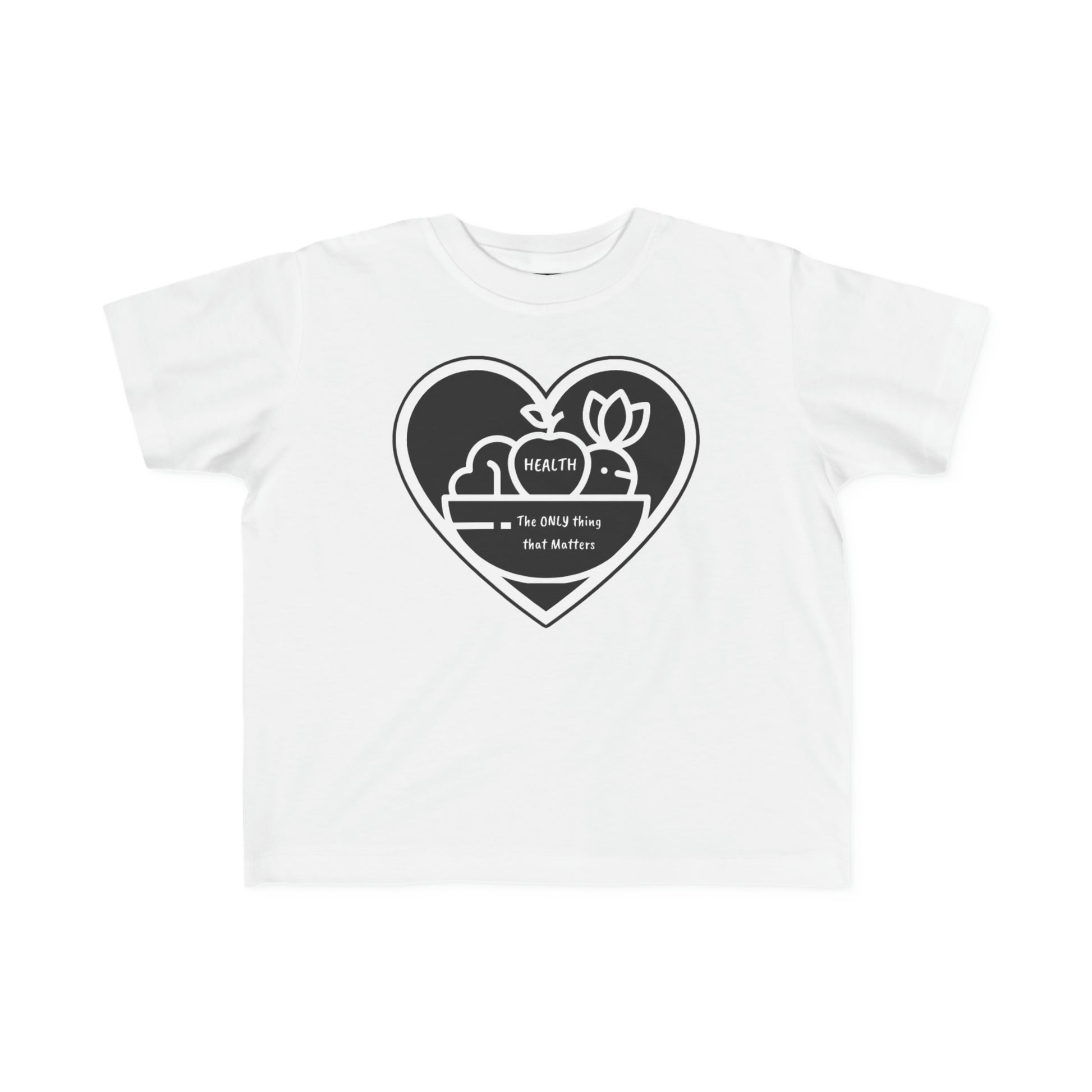 A Fruit Basket Toddler T-shirt featuring a heart and floral design on white fabric. Soft and durable, made of 100% combed cotton, with a tear-away label and a classic fit.