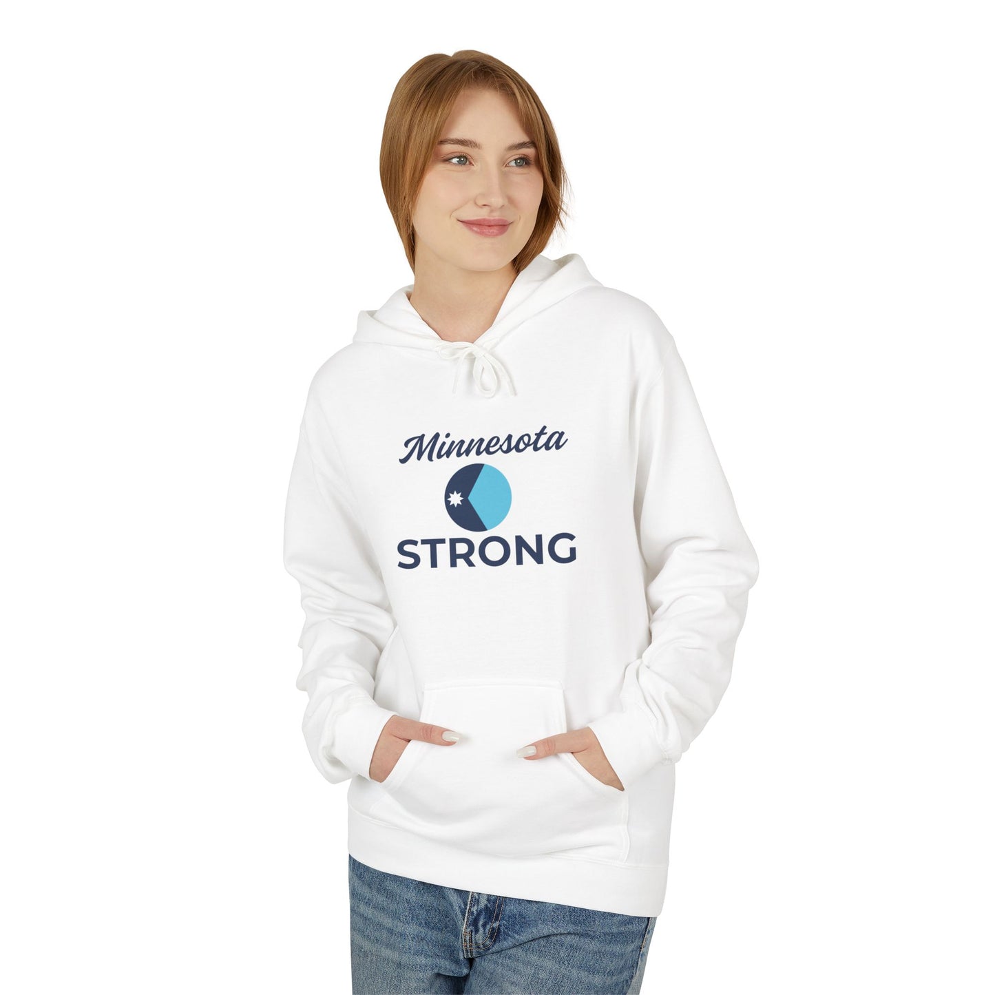 Young adult wearing the Love and Peace The Light Adult Minnesota Strong Hoodie, featuring Minnesota Strong text and circular graphic, hands in kangaroo pocket, casual jeans.