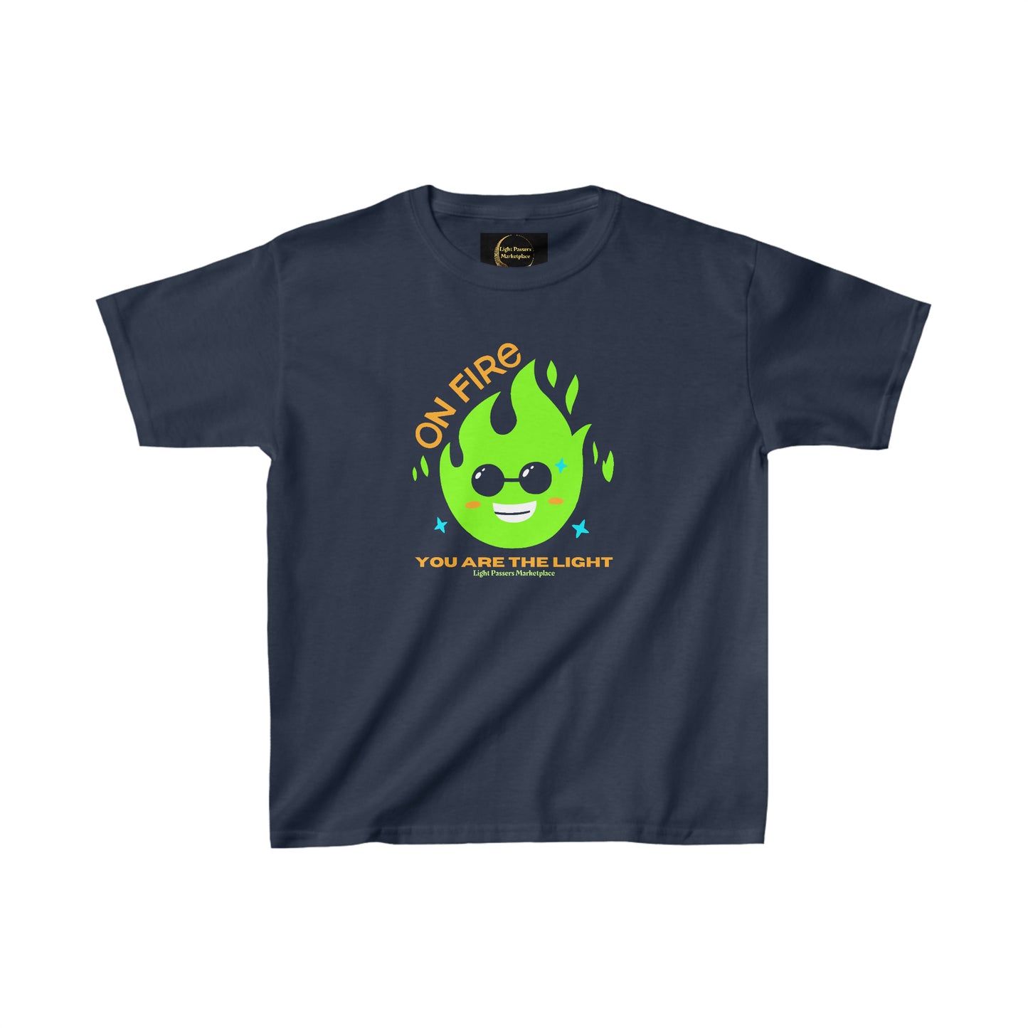 Youth t-shirt featuring a blue cartoon fire design with a character wearing sunglasses. Made of 100% cotton, midweight fabric, tear-away label, and durable twill tape shoulders.