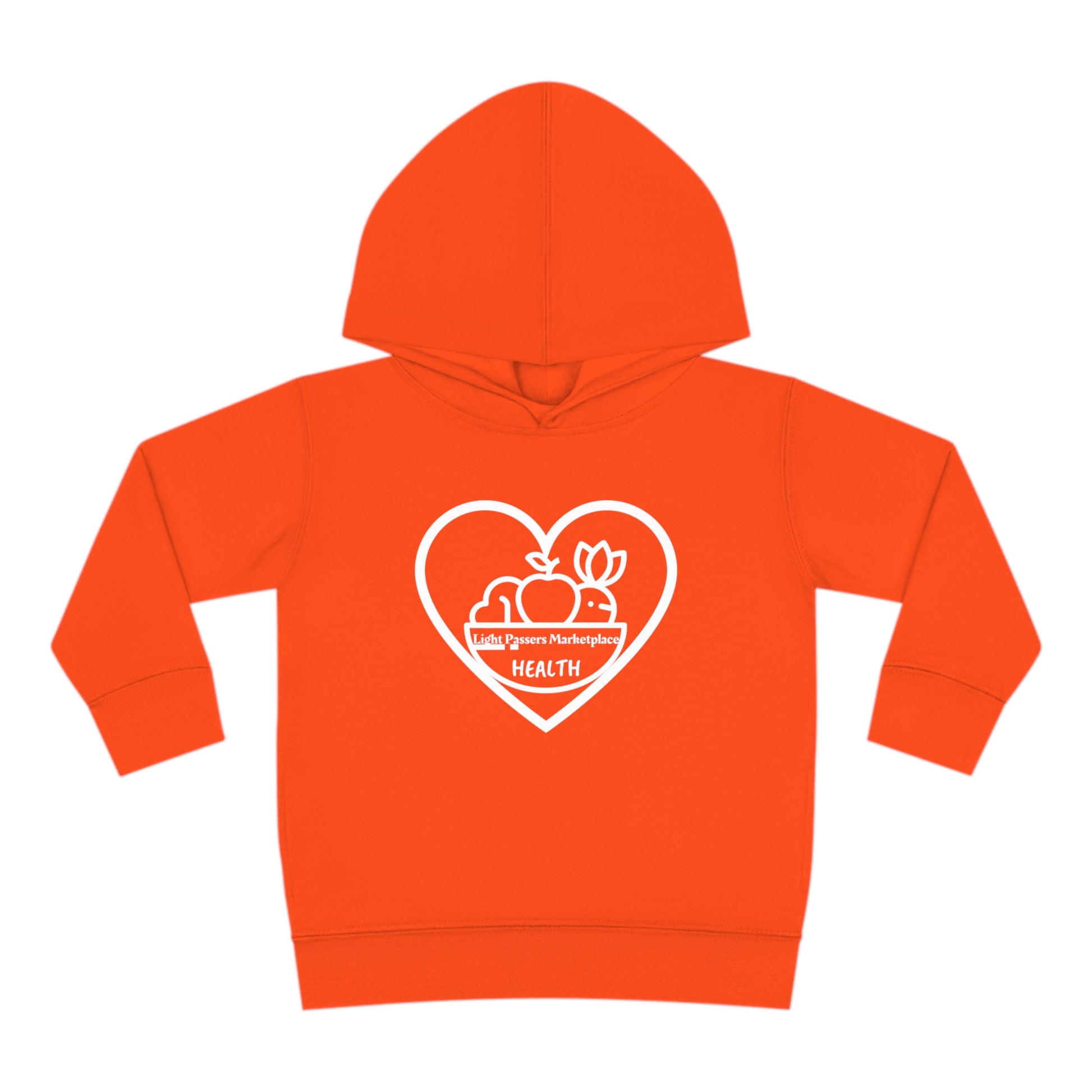 A toddler hoodie featuring a heart, apples, and a logo design. Made of 60% cotton, 40% polyester with a jersey-lined hood, side seam pockets, and durable stitching for lasting comfort.
