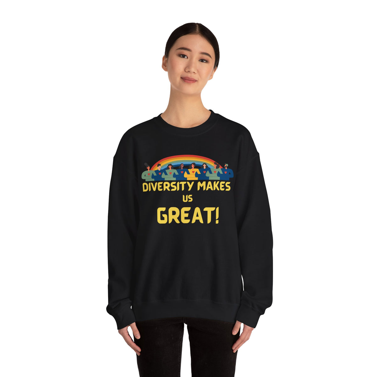 Diversity Makes Us Great Adult Unisex Crew Neck Sweatshirt — Inclusive Rainbow Crewneck Yellow or Black Letters