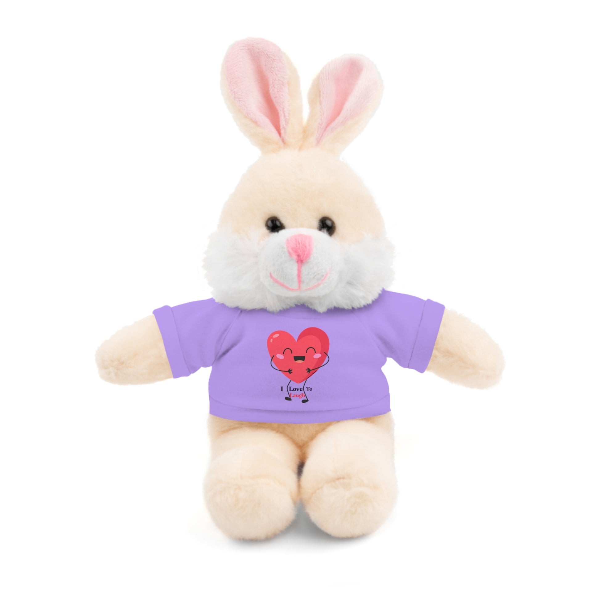 Stuffed animal rabbit in a purple customizable shirt from Cool Stuff Stuffies, featuring I Love to Laugh heart design. Part of a six-animal collection.