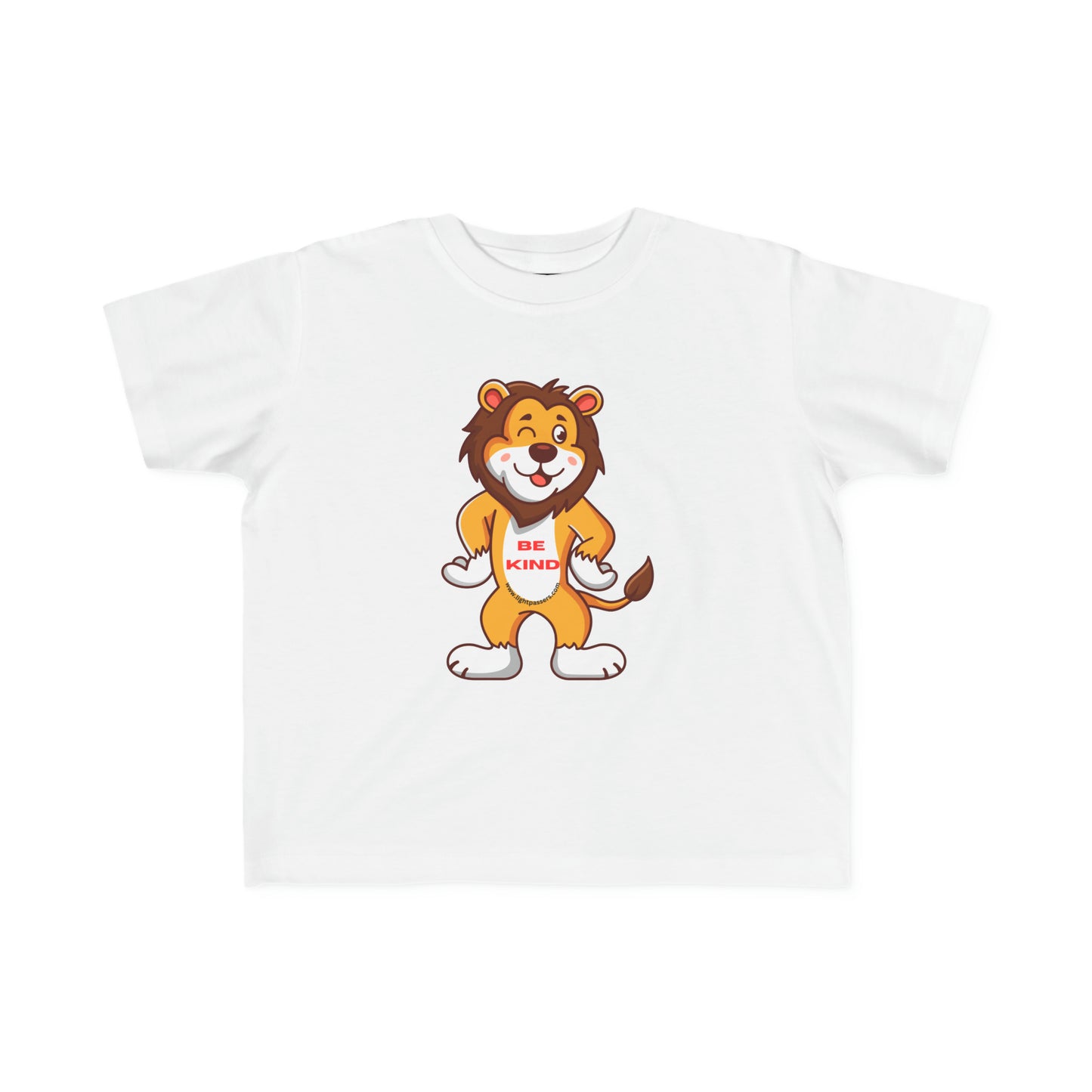 A toddler's white tee featuring a cartoon lion with a hat, perfect for sensitive skin. Made of 100% combed cotton, light fabric, tear-away label, and a durable print.