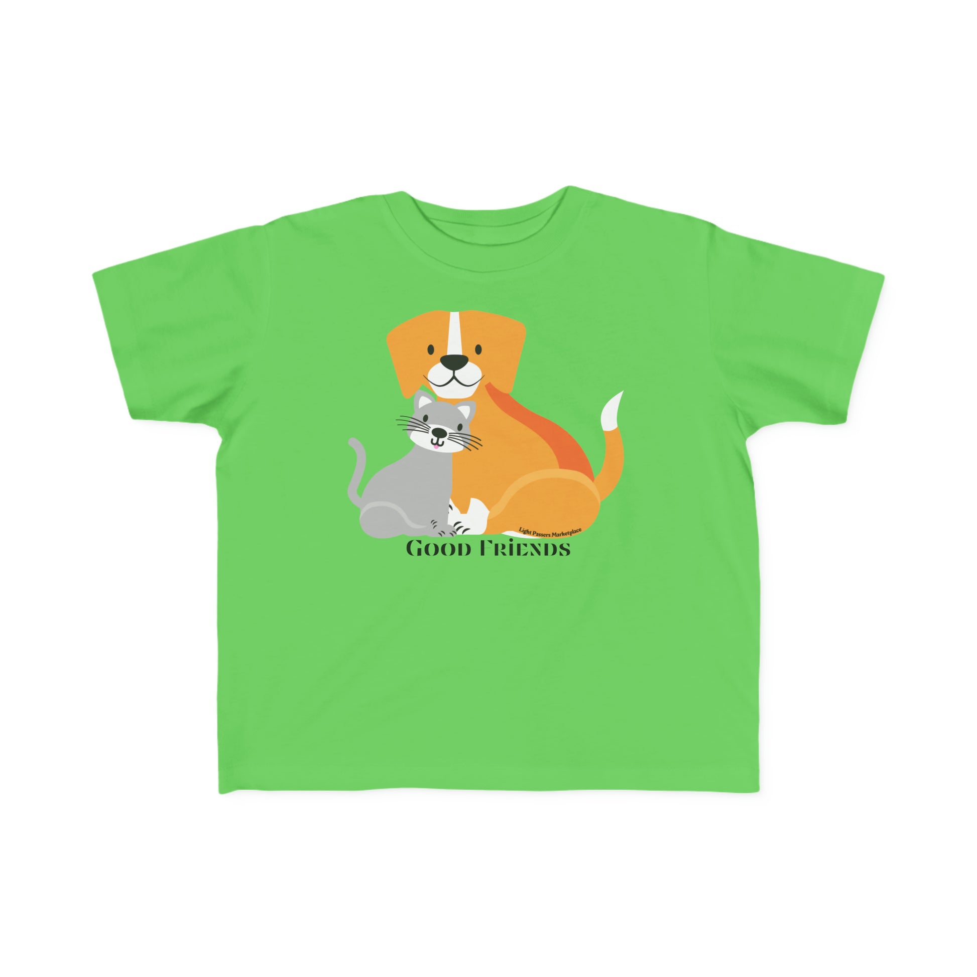 A toddler's tee featuring a cartoon cat and dog friends on a green background. Made of soft, 100% combed cotton with a durable print, perfect for sensitive skin. Classic fit, tear-away label, true to size.