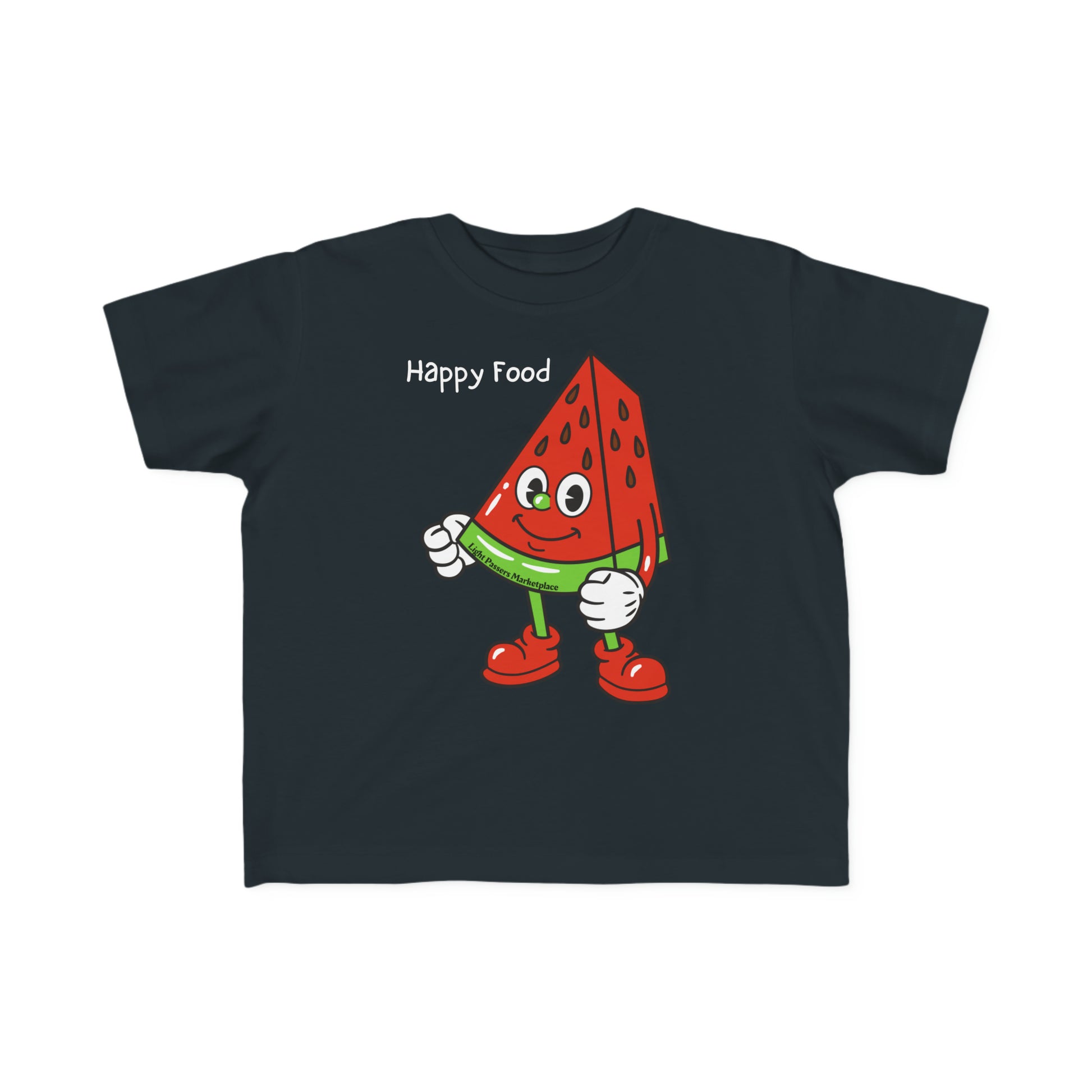 A cartoon watermelon character toddler t-shirt with a fun design. Made of soft, durable cotton for sensitive skin. Classic fit, tear-away label, ideal for little explorers.