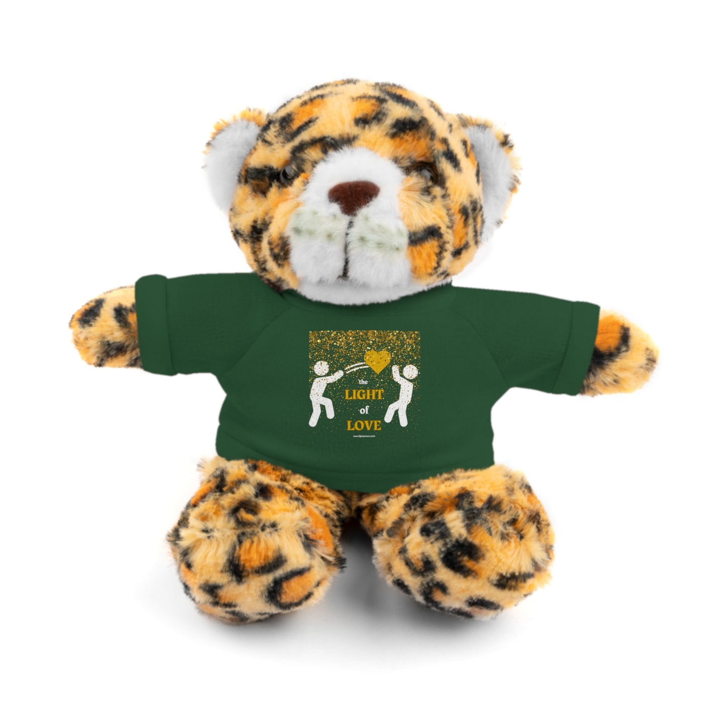 Stuffed animal in green shirt, part of Toss the Light of Love Gold Heart collection, 8 tall, polyester and plastic pellets, suitable for ages 3+.