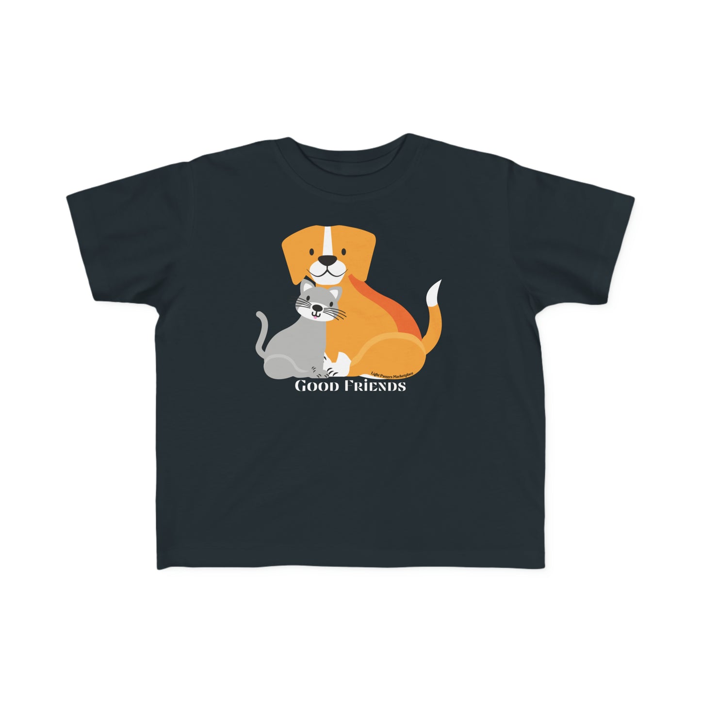 A toddler t-shirt featuring a cartoon dog and cat design, made of soft 100% combed cotton. Durable print, light fabric, tear-away label, classic fit, true to size.