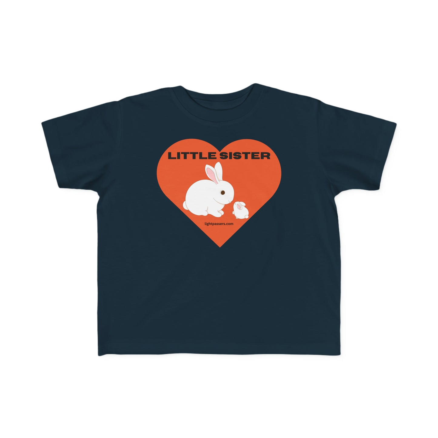 A Little Sister Toddler T-shirt featuring a cute rabbit design with a heart, perfect for sensitive skin. Made of 100% combed cotton, light fabric, and a tear-away label.