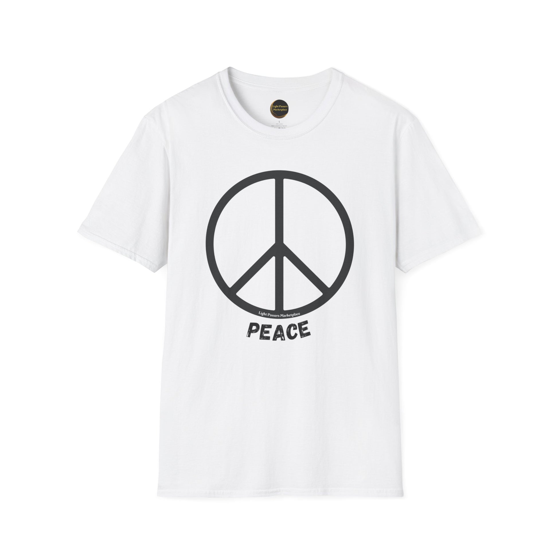 A white unisex t-shirt featuring a peace symbol, made of soft 100% cotton with twill tape shoulders for durability, no side seams, and ribbed collar. Lightweight and versatile for year-round wear. Ethically sourced and Oeko-Tex certified.