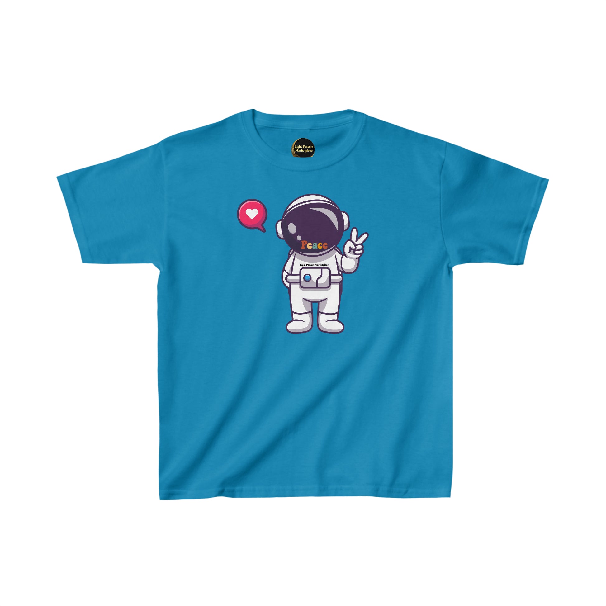 Youth blue t-shirt featuring a cartoon astronaut making a peace sign. 100% cotton fabric with twill tape shoulders, ribbed collar, and tear-away labels for comfort. Ethically made in the US.