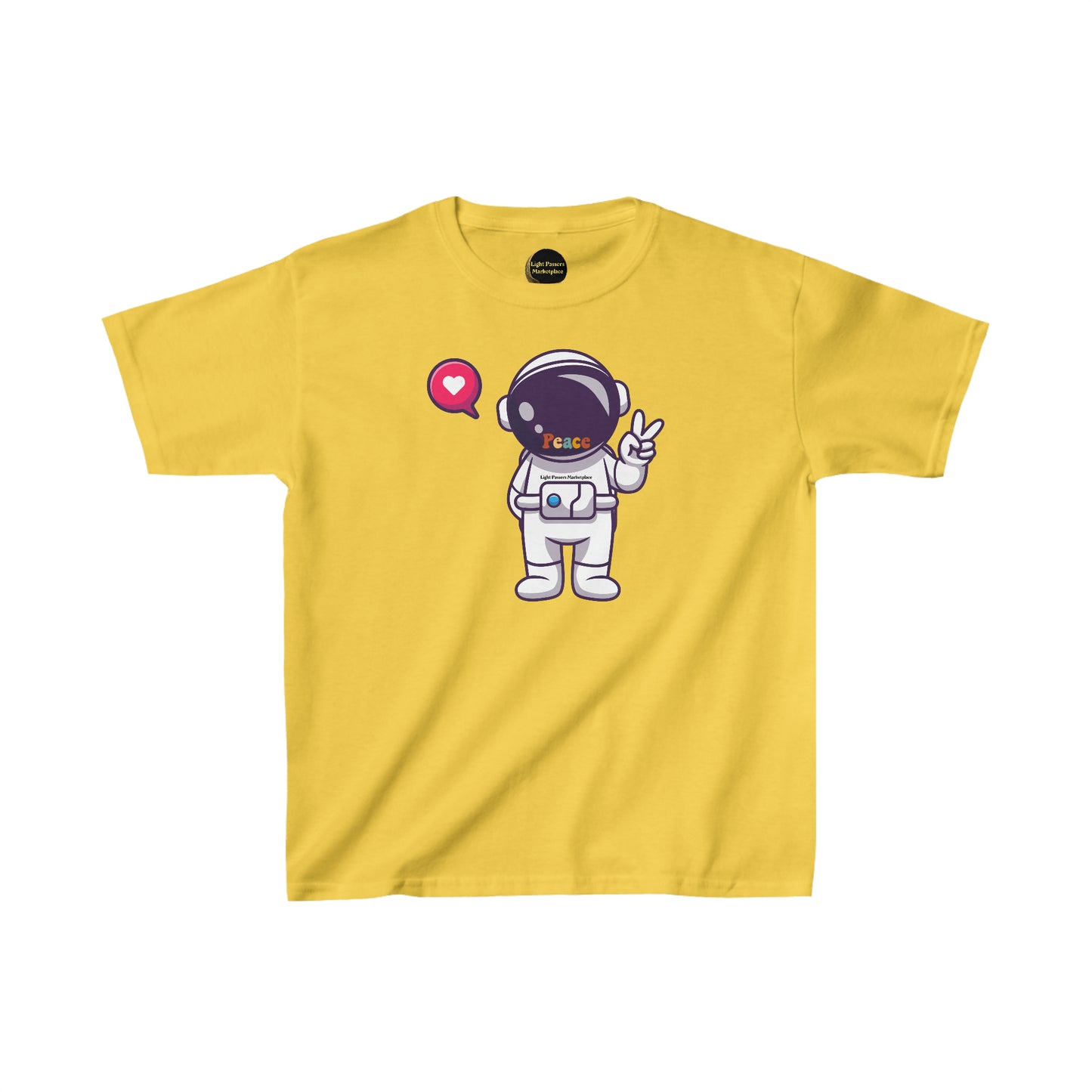 A yellow youth t-shirt featuring a cartoon astronaut making a peace sign. Made of 100% cotton with twill tape shoulders for durability and a curl-resistant collar. Ethically sourced US cotton.