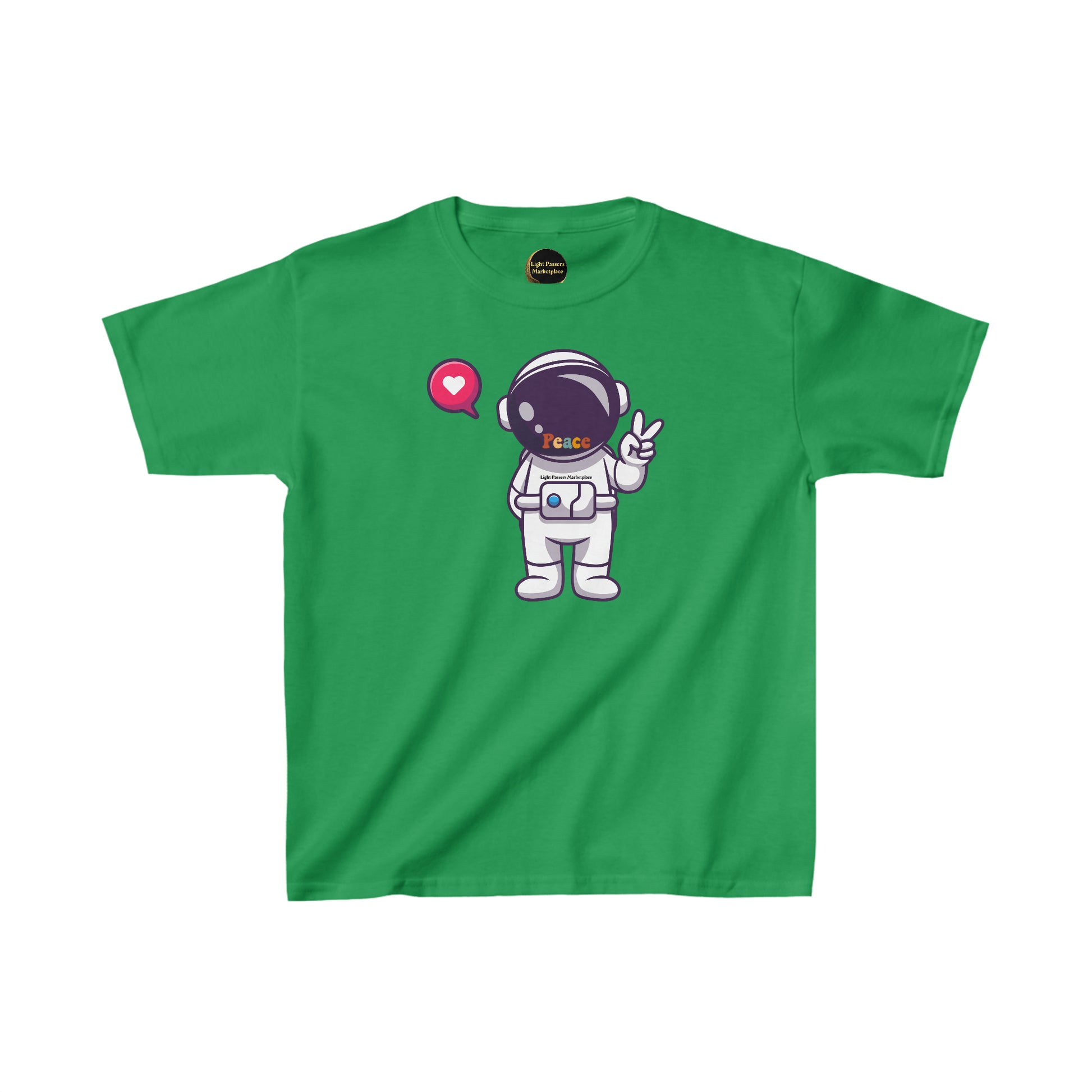 A green youth t-shirt featuring a cartoon astronaut making a peace sign. Made of 100% cotton, with twill tape shoulders for durability and a curl-resistant collar. Ethically sourced US cotton.