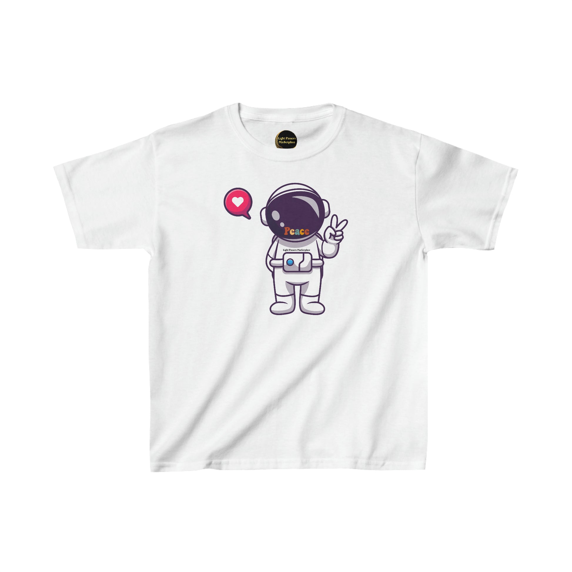 A white youth t-shirt featuring a cartoon astronaut design, ideal for everyday wear. Made from 100% cotton with twill tape shoulders and curl-resistant collar for durability and comfort.