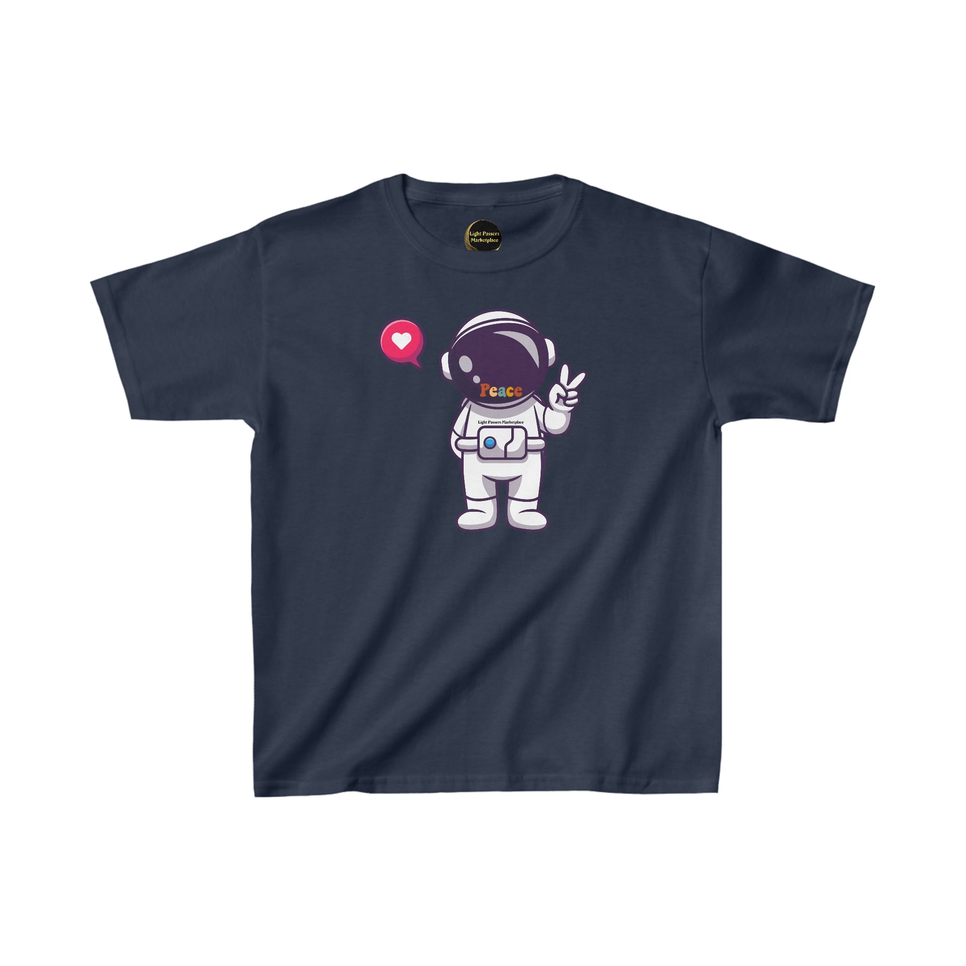 A youth t-shirt featuring a cartoon astronaut making a peace sign. Made of 100% cotton with twill tape shoulders and ribbed collar for durability. Ethically sourced and Oeko-Tex certified for quality.