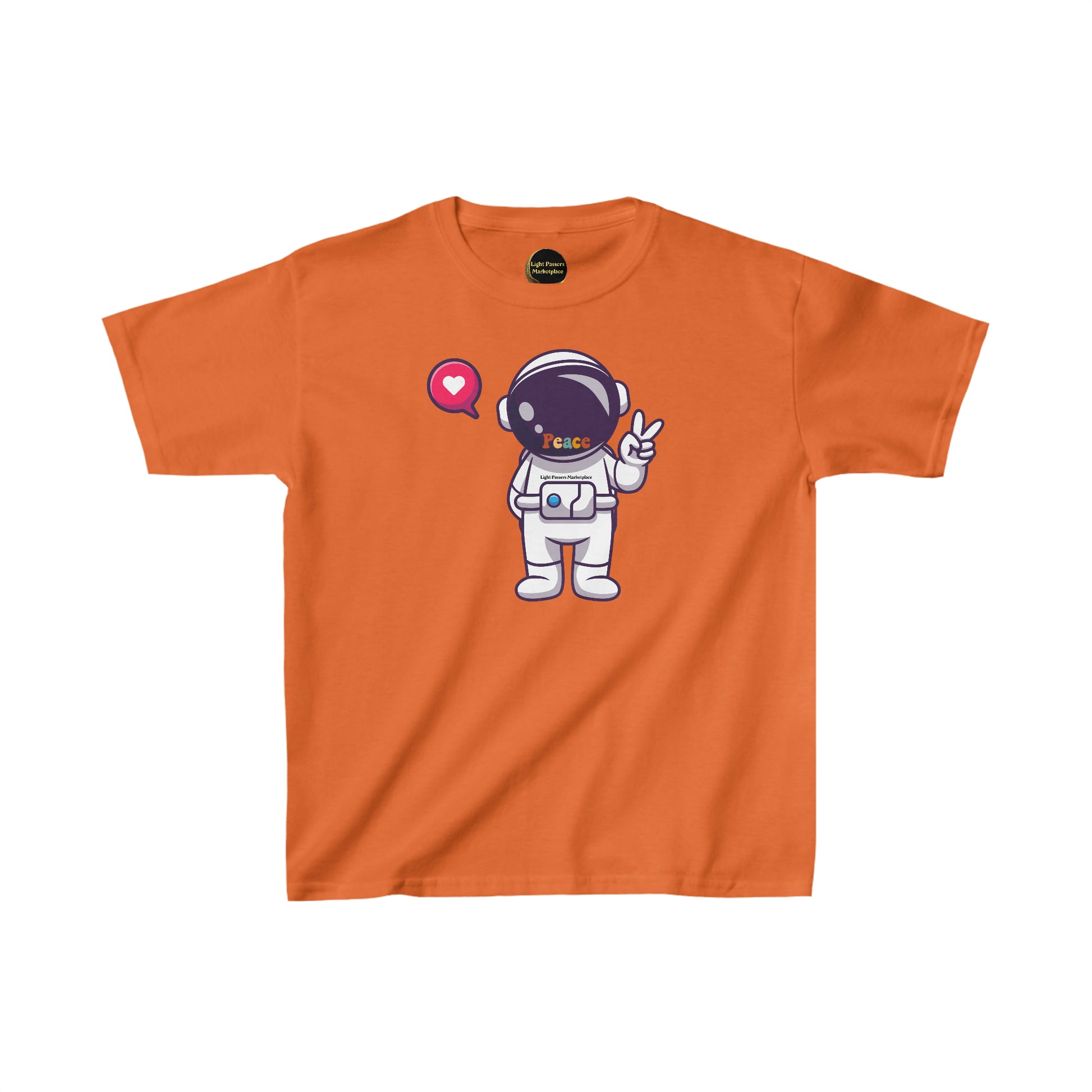 A youth t-shirt featuring a cartoon astronaut making a peace sign. Made of 100% cotton for solid colors, with twill tape shoulders for durability and ribbed collar for curl resistance. Ethically sourced US cotton.