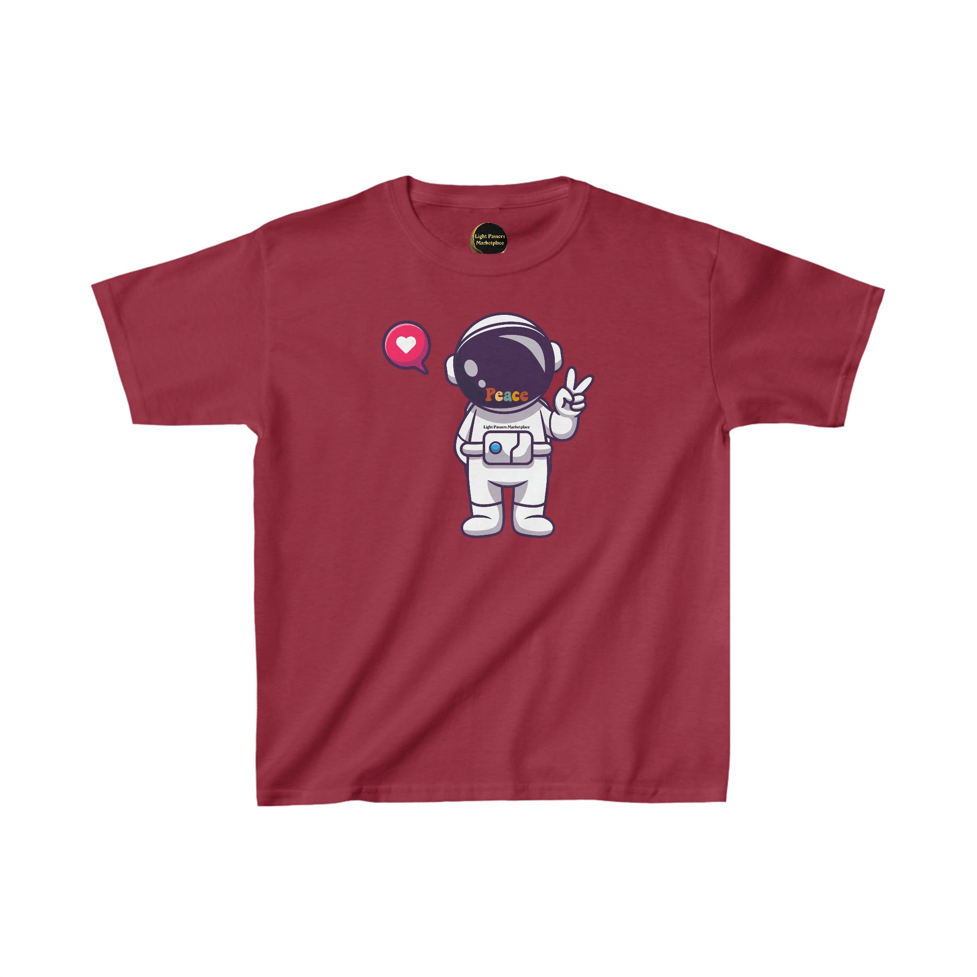 Youth red t-shirt featuring a cartoon astronaut making a peace sign. Made of 100% cotton with twill tape shoulders for durability. Classic crew neckline, tear-away labels, and ethically sourced US cotton.