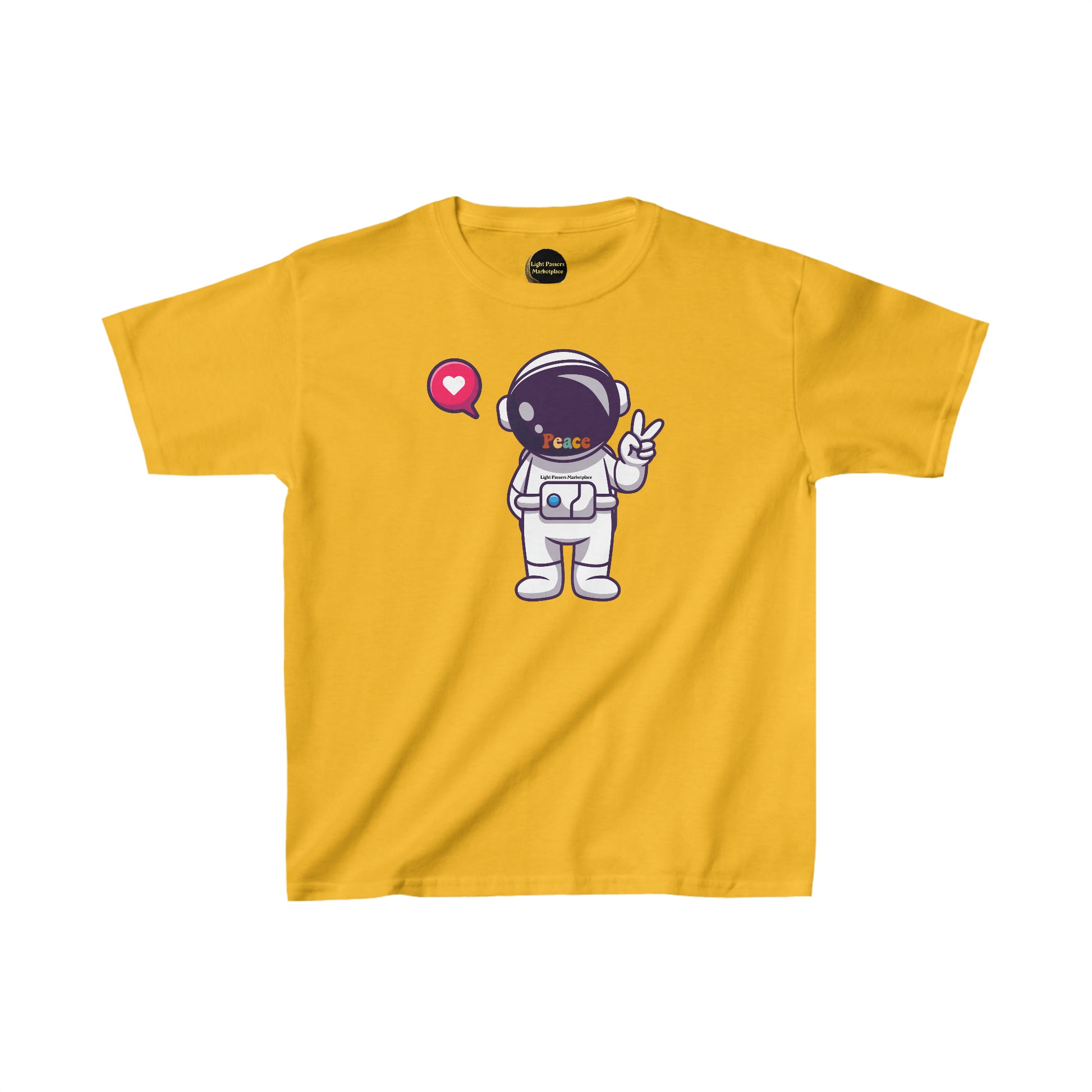 A yellow youth t-shirt featuring a cartoon astronaut making a peace sign. Made of 100% cotton with twill tape shoulders and ribbed collar for durability. Ethically sourced US cotton.