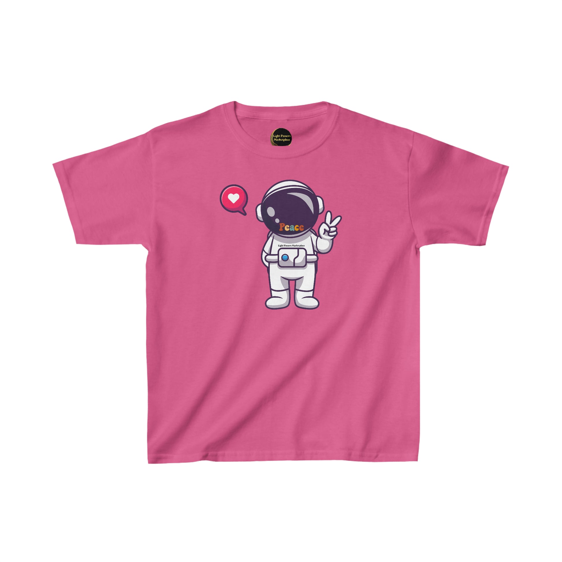 Youth pink t-shirt featuring a cartoon astronaut making a peace sign. Made of 100% cotton, with twill tape shoulders for durability and ribbed collar for curl resistance. Ethically sourced US cotton.