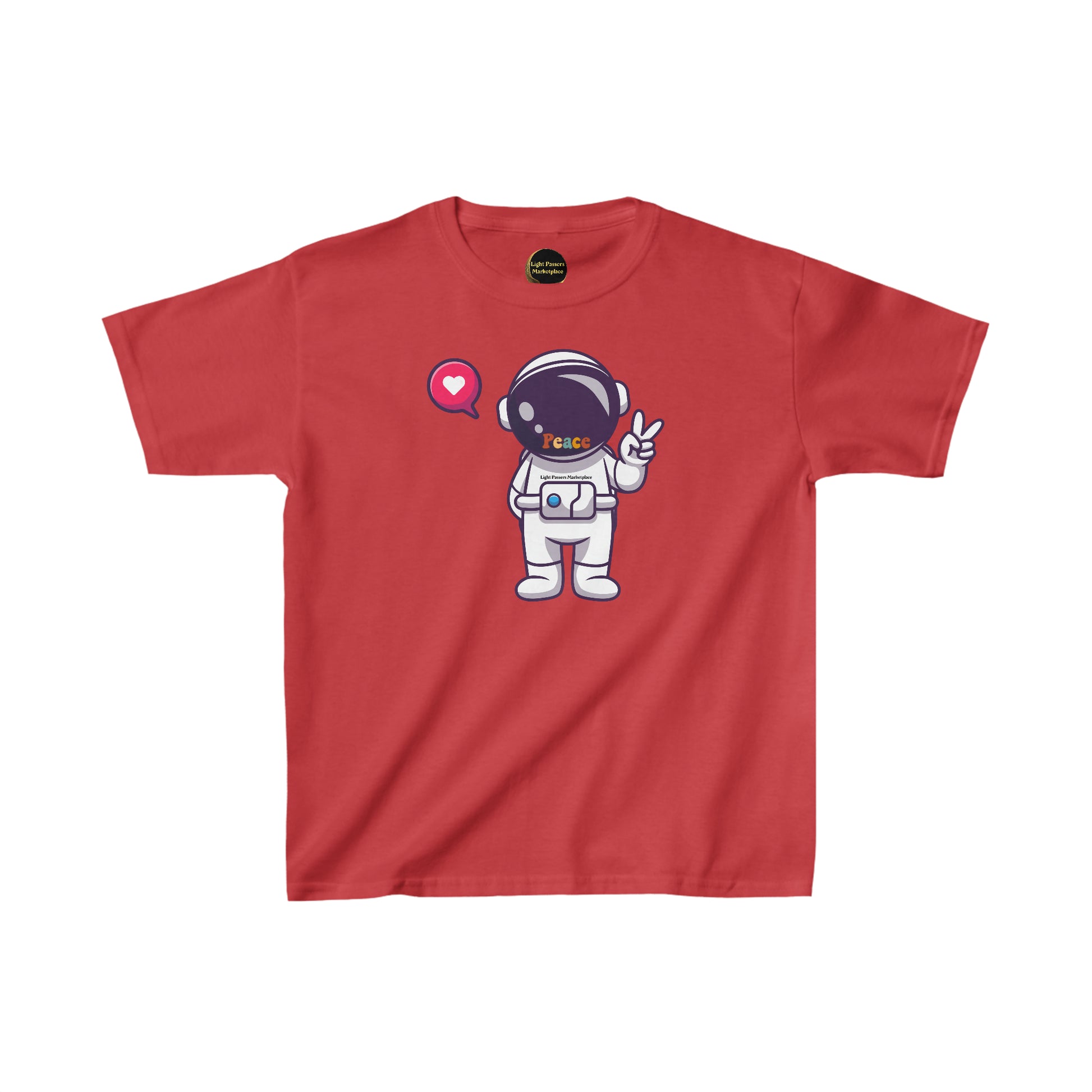 Youth red t-shirt featuring a cartoon astronaut and peace sign hand. Made of 100% cotton with twill tape shoulders for durability and ribbed collar for curl resistance. Ethically sourced US cotton.