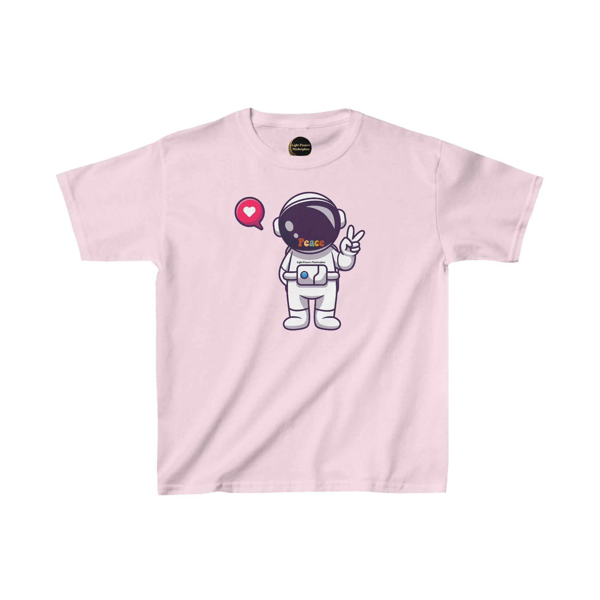 A pink youth t-shirt featuring a cartoon astronaut making a peace sign. Made of 100% cotton, with twill tape shoulders, ribbed collar, and tear-away labels for comfort.