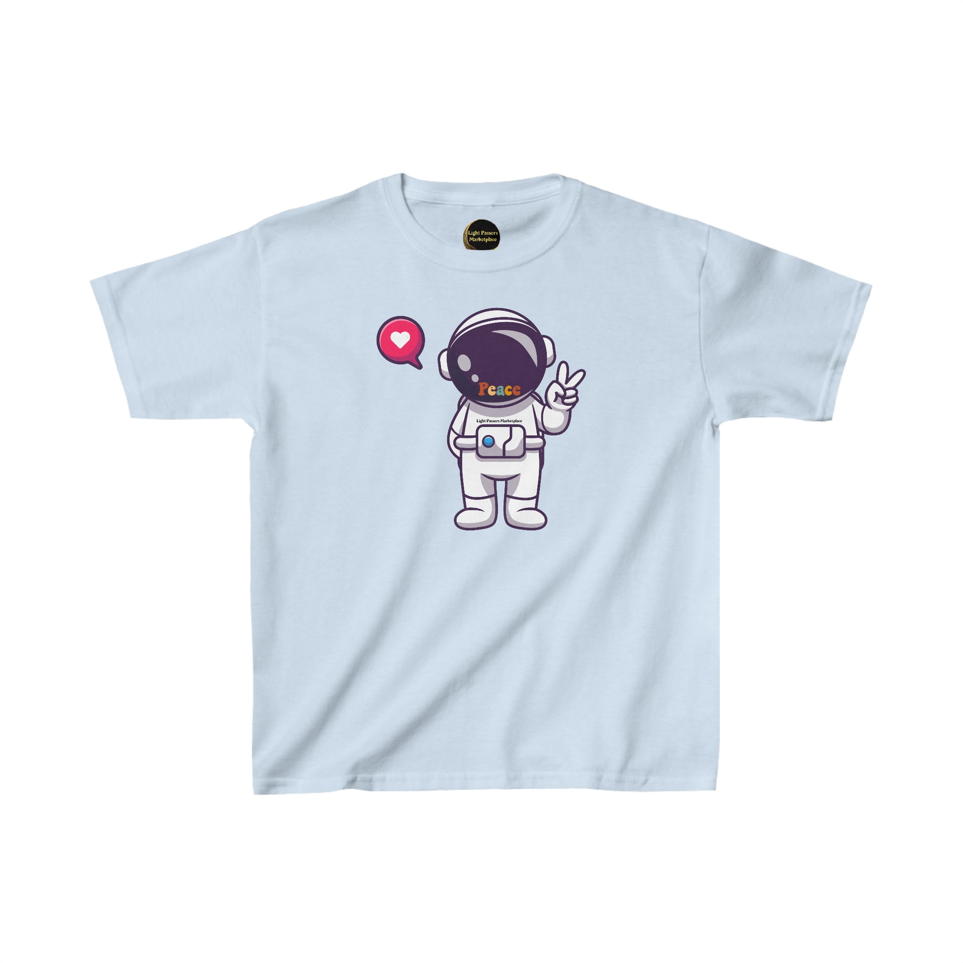 A youth t-shirt featuring a cartoon astronaut making a peace sign. Made of 100% cotton with twill tape shoulders for durability and a curl-resistant collar. Ethically sourced US cotton.