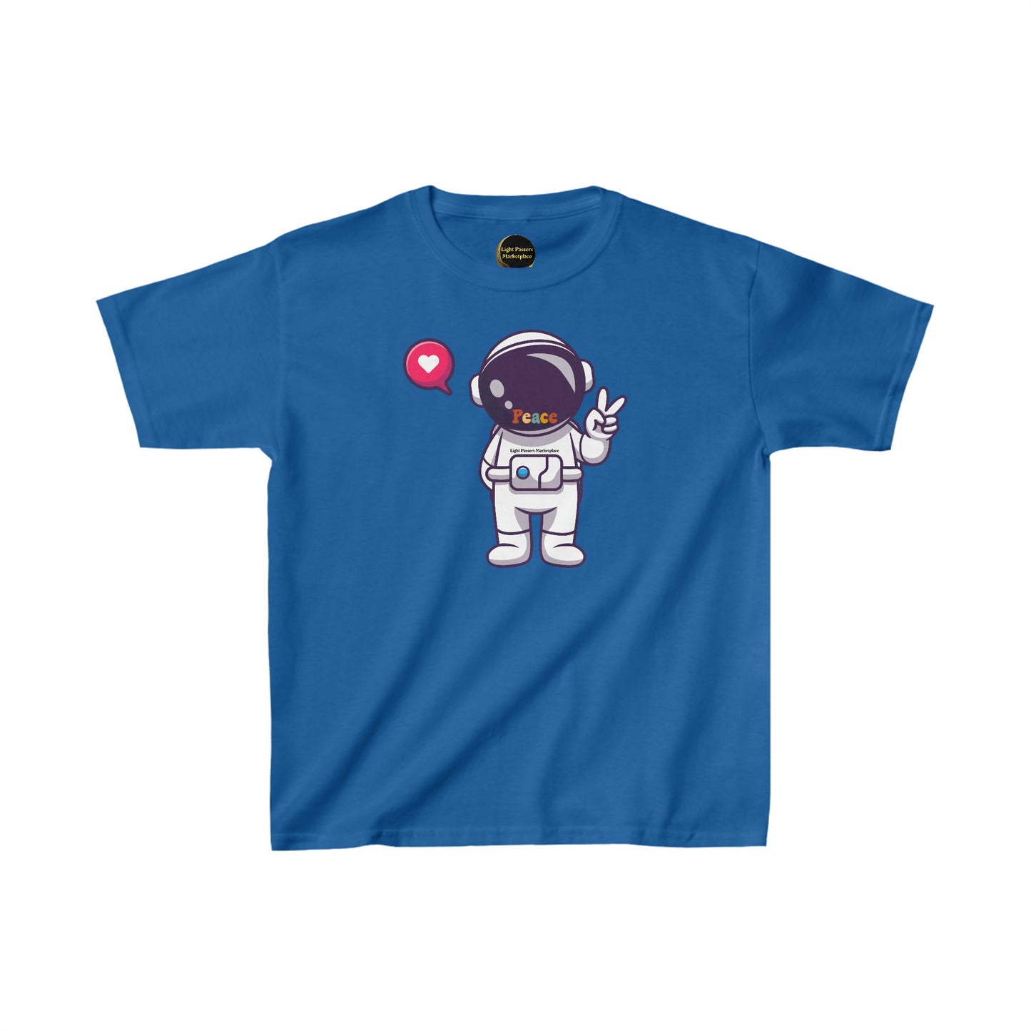 A blue youth t-shirt featuring a cartoon astronaut making a peace sign. Made of 100% cotton, with twill tape shoulders for durability and a curl-resistant collar. Ethically sourced and Oeko-Tex certified.