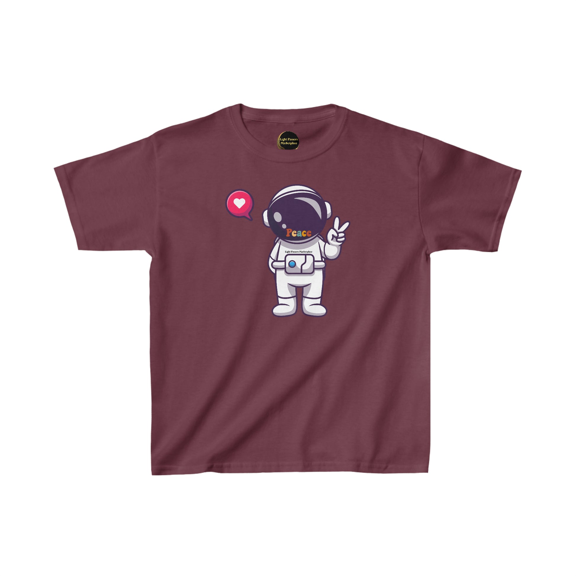 Youth purple t-shirt featuring a cartoon astronaut with a peace sign. Made of 100% cotton for comfort, with twill tape shoulders for durability and a curl-resistant collar. Ethically sourced and Oeko-Tex certified.