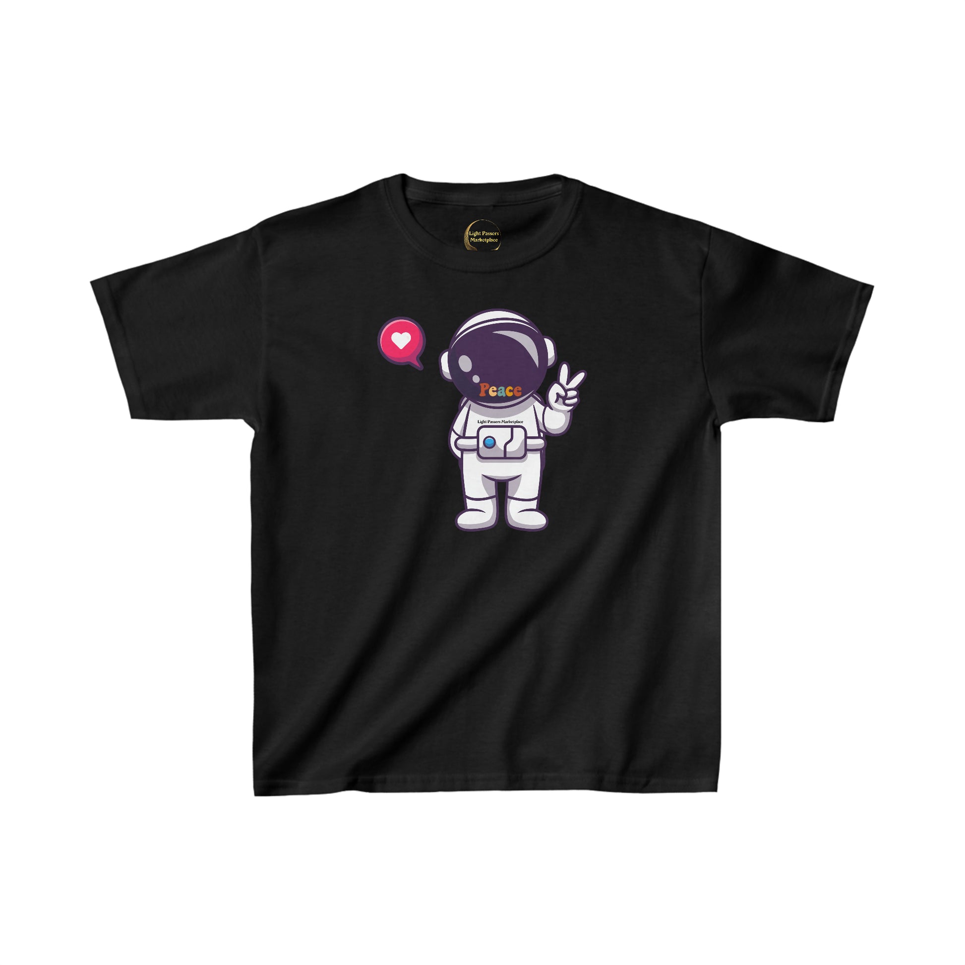 Youth black t-shirt featuring a cartoon astronaut making a peace sign. Made of 100% cotton with twill tape shoulders for durability and ribbed collar for curl resistance. Ethically sourced US cotton.