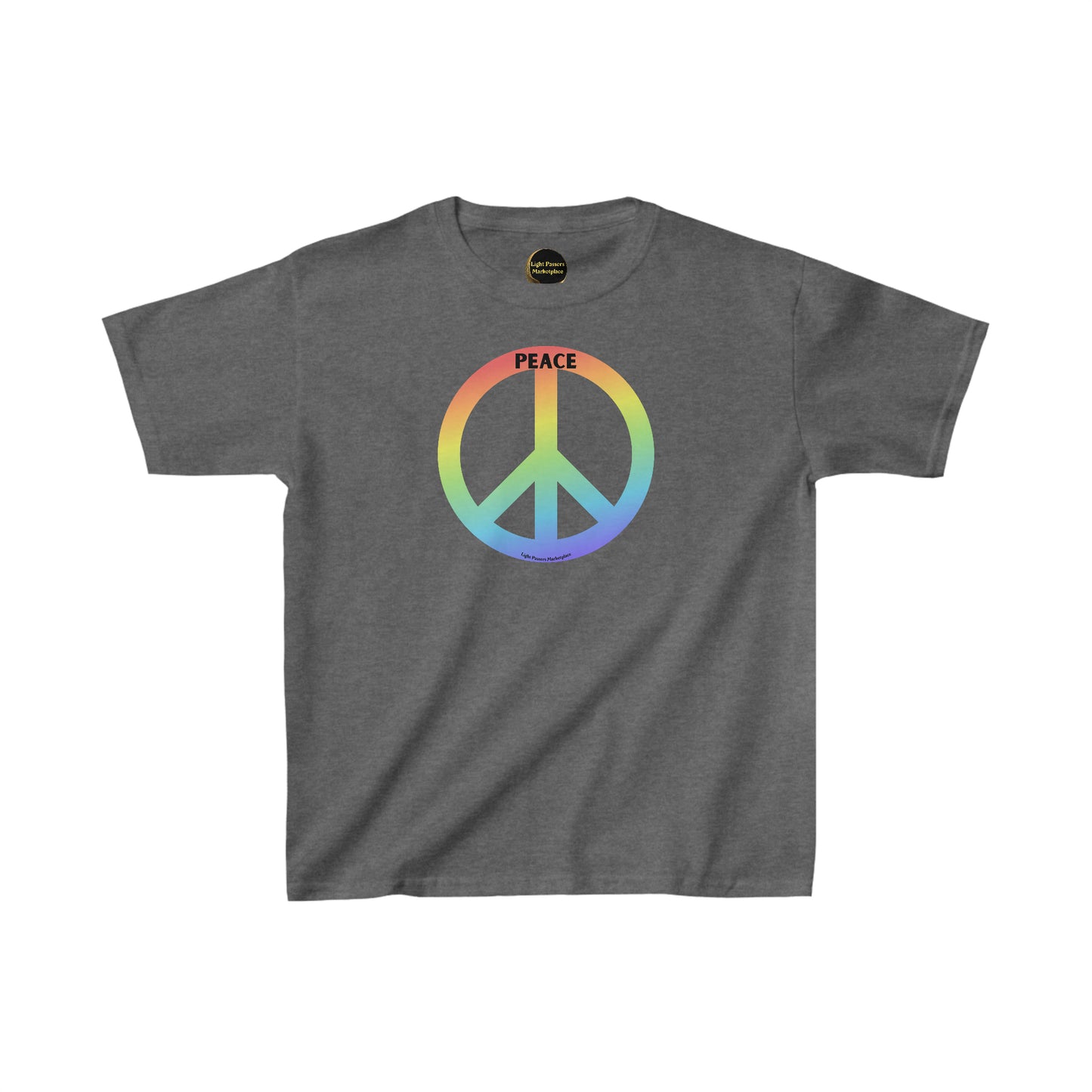 Youth grey t-shirt featuring a peace sign with rainbow colors. Made of 100% cotton for solid colors, with twill tape shoulders for durability and ribbed collar for curl resistance. Made ethically in the US.