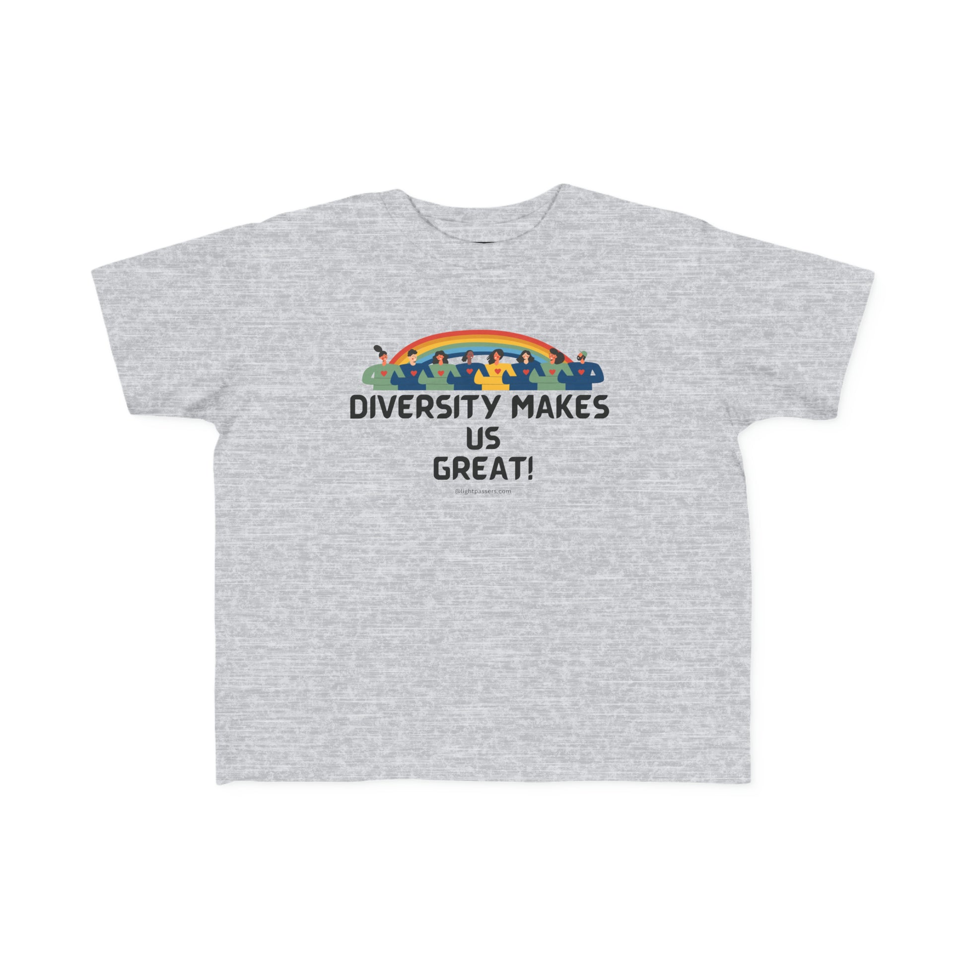 A grey toddler t-shirt featuring a rainbow graphic with a group of people and hearts. Made of soft, 100% combed cotton, light fabric, tear-away label, and a classic fit.