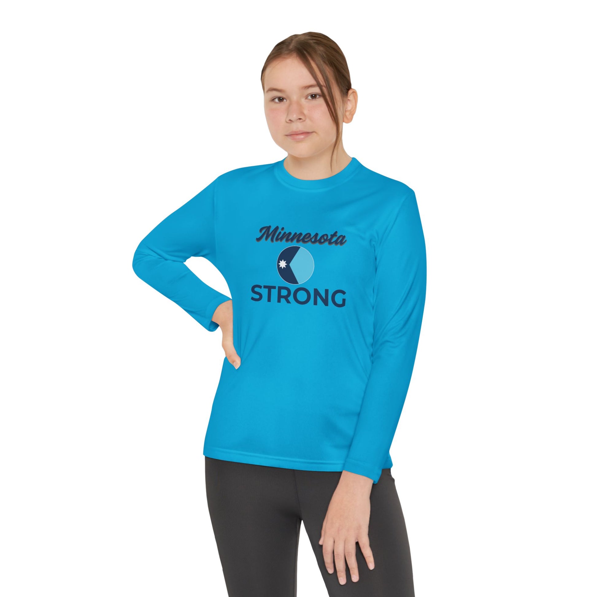 Youth in turquoise athletic tee with Minnesota Strong emblem, embodying civic pride and active lifestyle. Ideal for practice and advocacy, from Light Passers Marketplace.