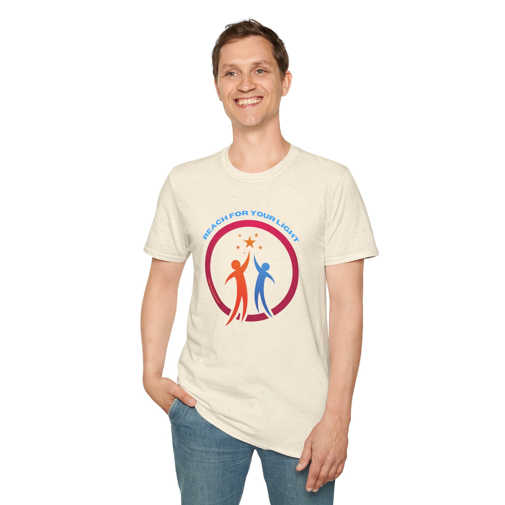 A smiling man in a white Reach for Your Light unisex t-shirt. Soft 100% cotton, twill tape shoulders, no side seams, ribbed collar. Ethically made with ring-spun cotton.