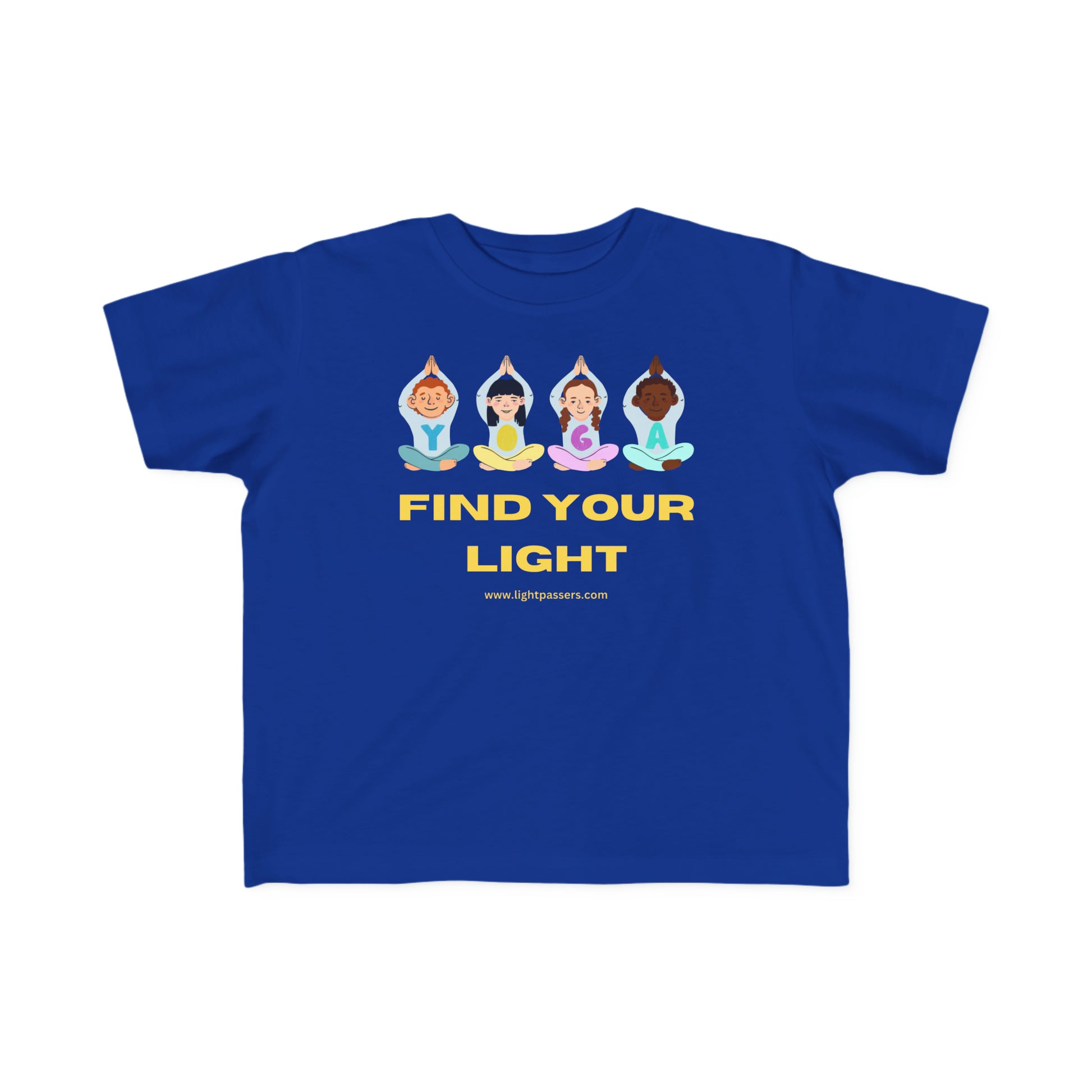 A blue toddler t-shirt featuring cartoon characters in yoga poses. Made of soft, durable 100% combed cotton, light fabric, tear-away label, and a classic fit. Ideal for sensitive skin.