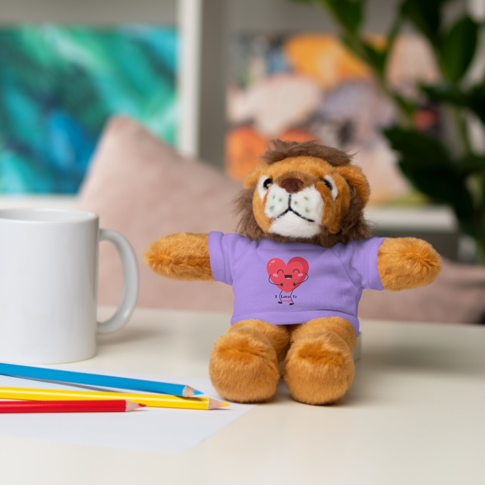 Cool Stuff Stuffies plush toy in a purple shirt with a heart design, part of the Choice of 6 Animals I Love to Laugh collection.