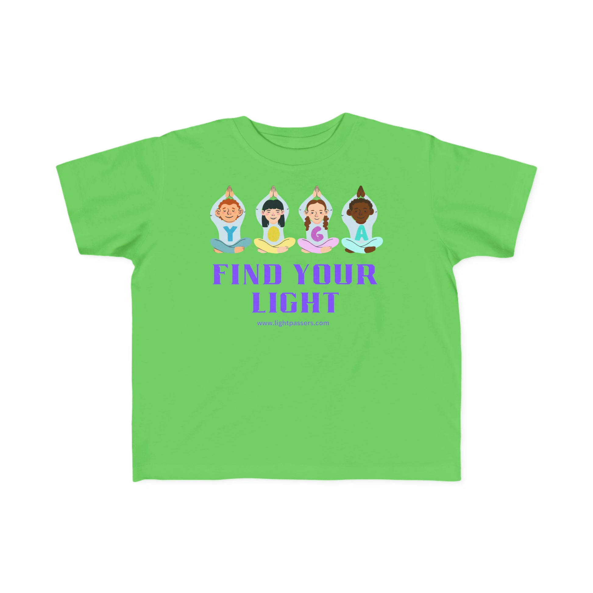 A green toddler t-shirt featuring cartoon characters in yoga poses, embodying playfulness and comfort for sensitive skin. Made of 100% combed, ring-spun cotton with a durable print, ideal for little adventurers.